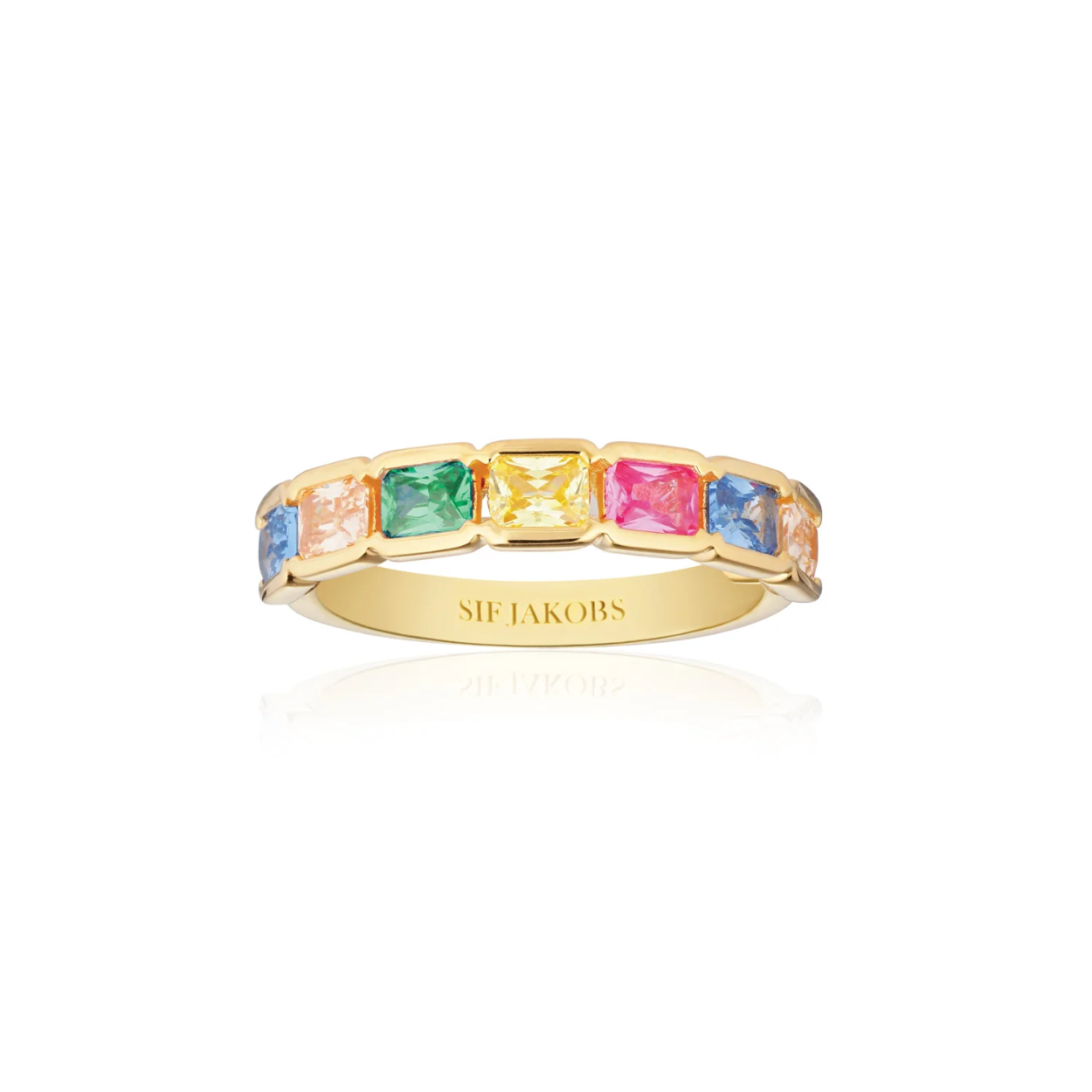 Ring gemaakt van 18 karaats verguld 925 sterling zilver, gepolijst oppervlak en hoorn met veelkleurige smaragd geslepen zirkonia.

Afmetingen ring: Breedte 4,3 mm, dikte 2,5 mm