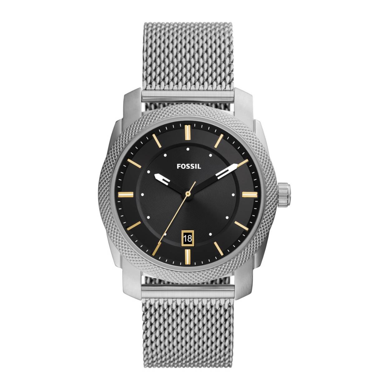 Fossil  rond stalen herenhorloge met een zwarte wijzerplaat- datum en een stalen mesh band. FS5883