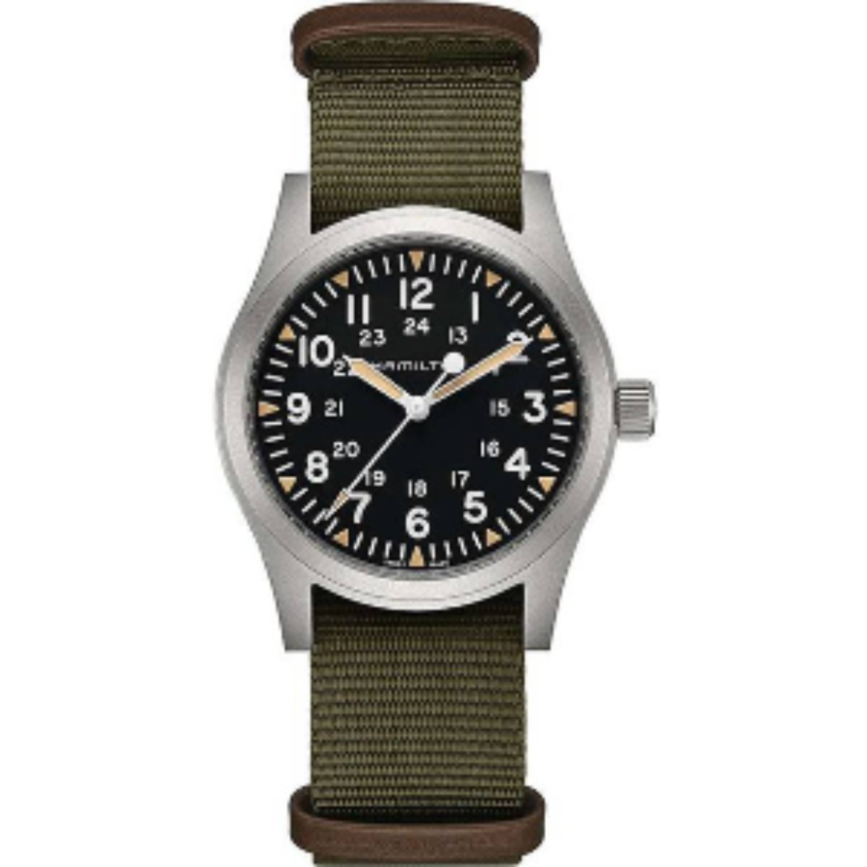Mechanical | 42mm | H69529933

One of Hamilton's most iconic timepieces is now available with a larger case size. Powered by our exclusive hand-wound H-50 movement, the Khaki Field Mechanical 42mm stays true to form with a sandblasted stainless steel case and ultra-readable dial in white or black. Whether you wear this updated version of the original soldier's watch with a comfortable stainless steel bracelet or green textile NATO strap, its rugged and resilient design will keep you on time through every adventure.