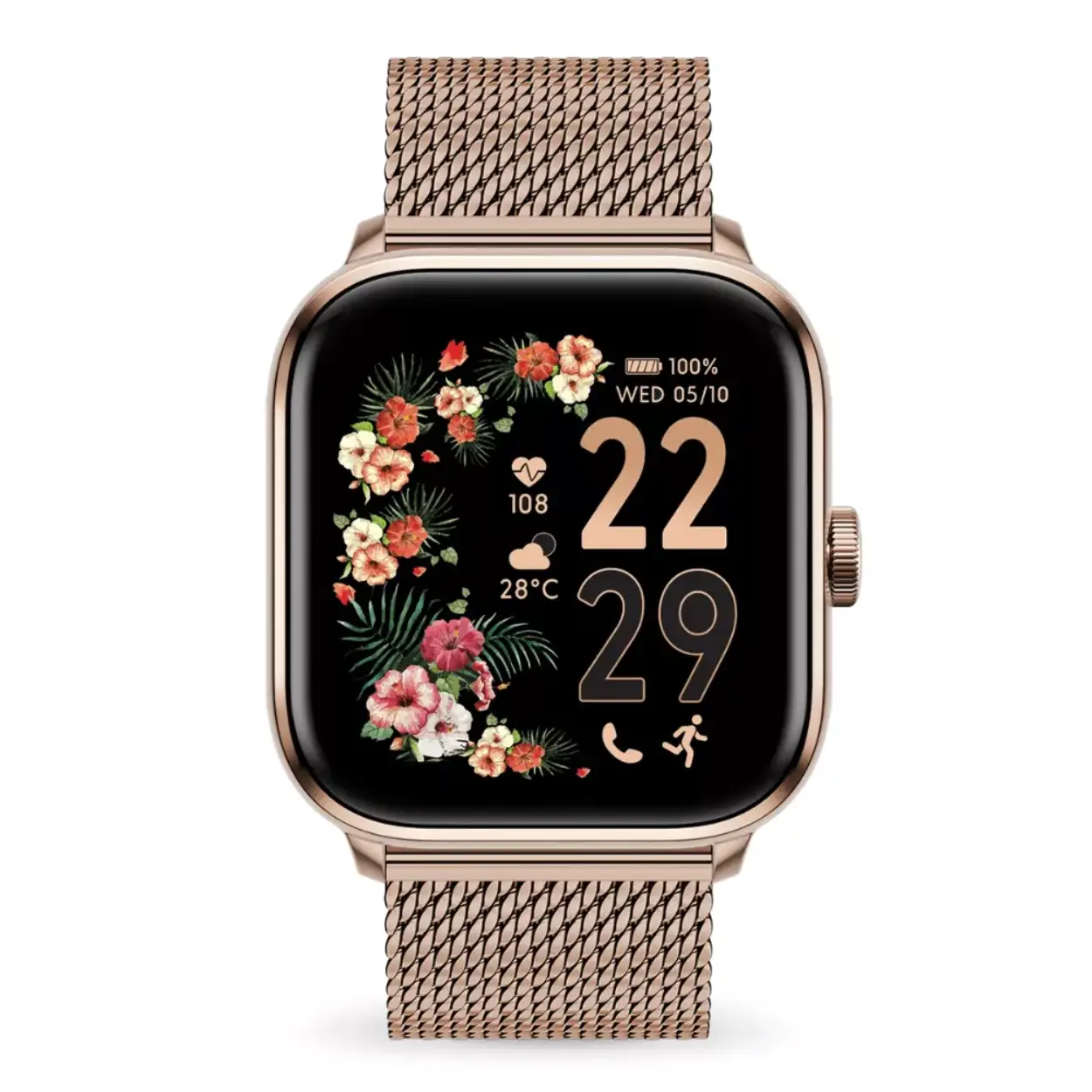 De Ice Watch horloge ICE smart 2.0 Rose-gold Milanese band 1.7 AMOLED 023331 heeft een vierkant roségold aluminium kast met een AMOLED-touchscreen van 1,7 inch. De roségouden Milanese band is een gevlochten band van edelstaal. De band sluit perfect om je pols en heeft een hoog draagcomfort. De speciale druksluiting zorgt ervoor dat de band eindeloos verstelbaar is. Hoe de wijzerplaat eruit ziet, kies je helemaal zelf! De ultramoderne smartwatch voldoet aan de huidige normen voor smartwatches. Sta meer in verbinding met je digitale leven én gezondheid dankzij de vele slimme functies, ingebouwde sensoren en slimme AI spraak assistent. En zie er tegelijk stijlvol uit! We leveren de smartwatch met zorg bij je thuis in de originele horlogedoos, inclusief instructieboekje en twee jaar garantie.
Meer info en technische specificaties in de omschrijving