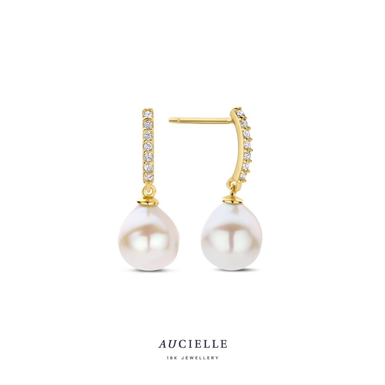 Aucielle oorhangers goud 18k, parel en zirkonia steentjes