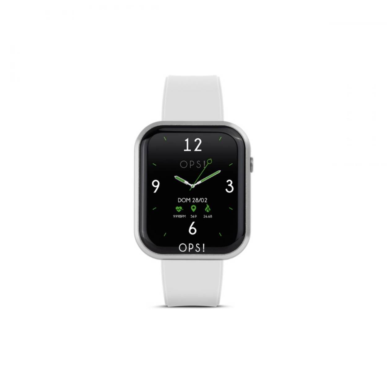 Smartwatch met aluminium en ABS kast en siliconen band. Kastafmetingen 44x37x13 mm met 1,83-inch full-touch kleurenscherm. Binnenomtrek band: 180 mm tot 140 mm. Stalen gespsluiting.

Functies:
oproepwaarschuwing en melding, stappenteller, polsdetectie, calorieën, afstand, stopwatch, freq. Hartslag, bloeddruk, oxygenatie, timer, slaapmonitor, wekker, sedentaire herinnering, sport, drankwaarschuwing, afstandsbediening voor muziek, weer, shot, smartphone zoeken, aanpasbare achtergrond.
