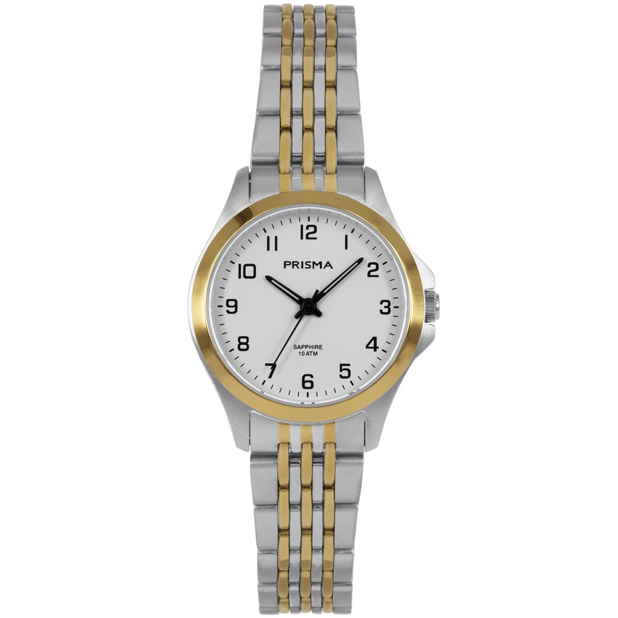 Prisma P.1552 dames horloge edelstaal saffierglas 10 ATM 

Algemeen
Geslacht: dames
Model: P.1552

Voordelen
- band edelstaal zilver/goud (bicolor)
- wijzerplaat wit met zwarte cijfers (arabisch)
- boven gem. waterdicht: zwemmen/duiken
- glas is zeer krasvast
- wijzers lichten op in donker
- duidelijke tijdsweergave
- quartz
- maat kast 29mm (breedte) 8,4mm (dikte)