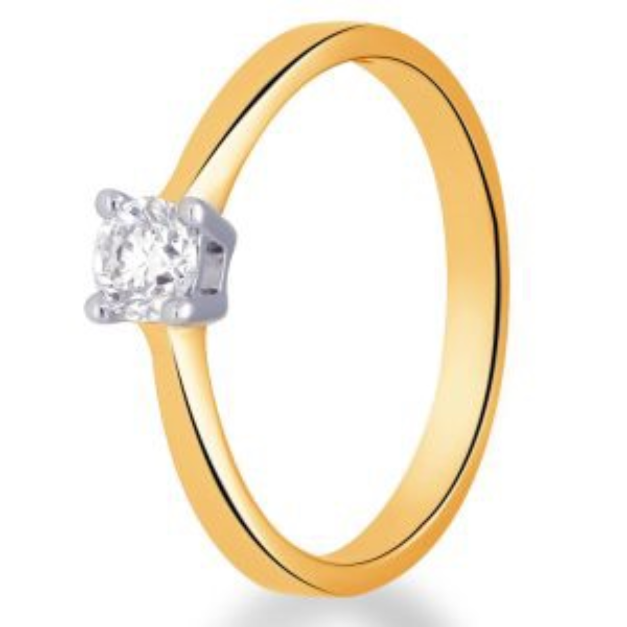een 14 krt geelgouden solitair ring met witgouden zetting waarin een diamant briljant geslepen 0.25 crt. H SI.