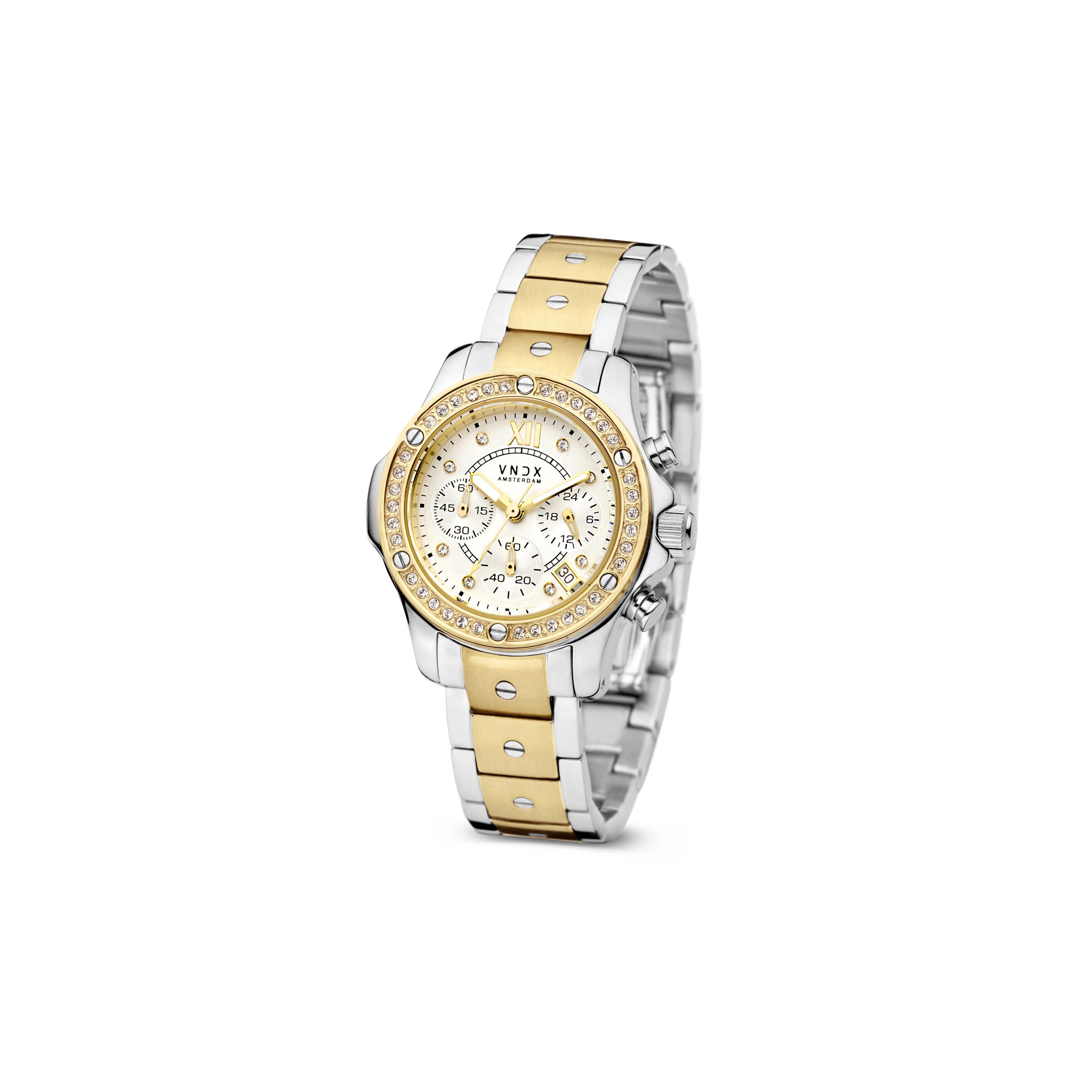 Ben jij net zo opvallend als The Shine Gold? Dit horloge is voor jou gemaakt. Sta in het middelpunt van de belangstelling met dit rijke massief stalen horloge met een laagje goud, stevige schroeven en Swarovski steentjes. Het leven is een feest, geniet ervan, schitter als een ster. Never too late!