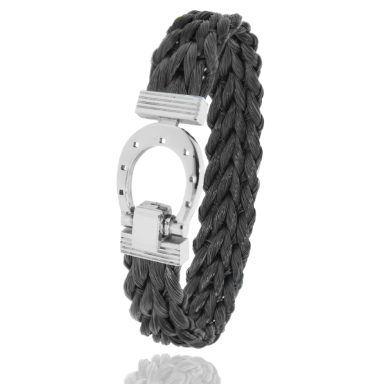 herenarmband paardenhaar  bruin met hoefijzerslot in staal breedte 13mm handgmaakt