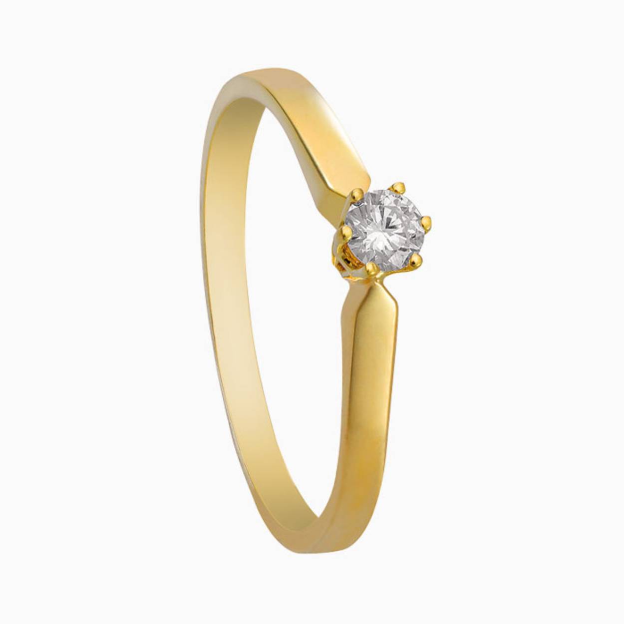 14krt gouden solitair/aanzoeks- ring met 0.05crt briljant R16/5-175.
 Deze ring kan naadloos tegen andere ringen aangedragen worden en is zodoende zeer geschikt als bijvoorbeeld aanzoeksring.