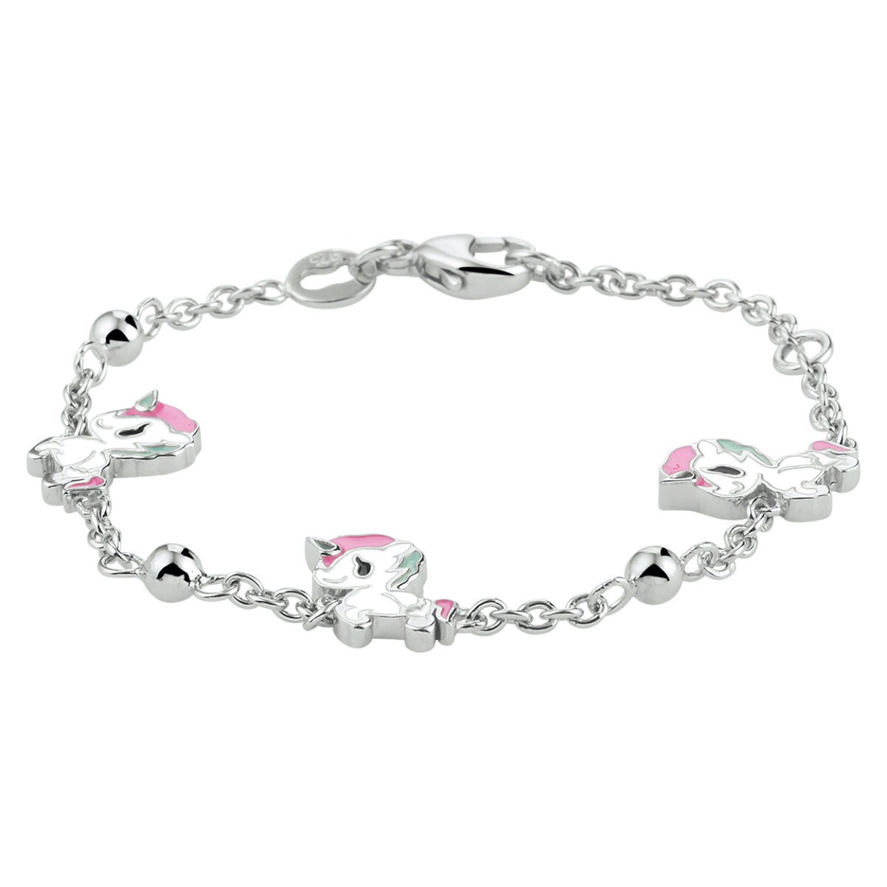 Gerhodineerd 925 zilveren armband uitgevoerd met anker schakel en eenhoorns. De armband heeft draaglengtes van 11 tot 13cm en een stevige karabijn sluiting. De eenhoorns hebben een afmeting van 9.5x9.5mm. De schakelbreedte is 1.8mm.