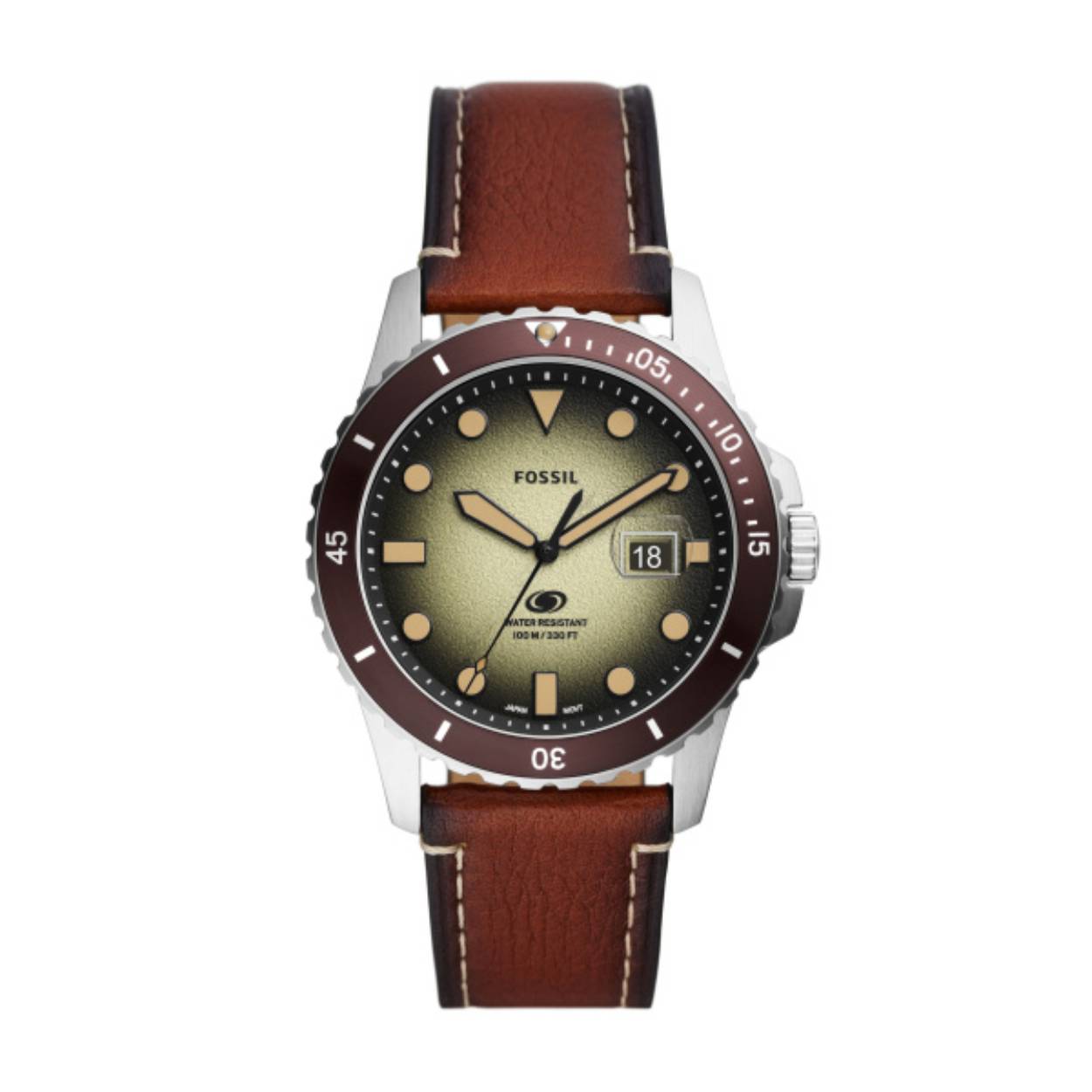 Fossil Blue Three-Hand Date Brown Eco lederen horloge.