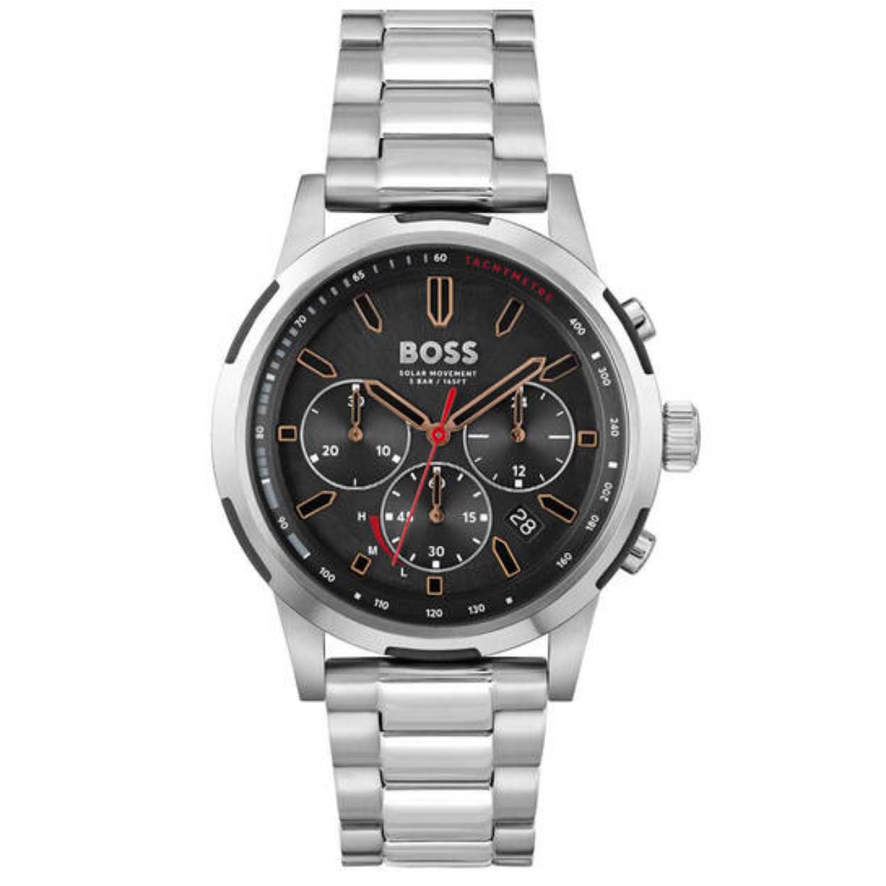 Met dit unieke solar powered BOSS by Hugo Boss horloge bent u bevrijd van 2-3 jaarlijkse batterijwissels. Het horloge heeft een zonnecel ingebouwd in de wijzerplaat en zelfs op bewolkte dagen laad de accu op via kunstlicht. Het horloge heeft een Chronograph(Stop-Watch) uurwerk met aan de kast een stevige massieve stalen band en vouwsluiting. De wijzerplaat heeft tevens een datum- en 24-uur aanduiding en tachymeter. Functioneel, sportief, maar toch met de klasse die u gewent bent van een Hugo Boss ontwerp.

De connectie tussen de zonnecel en de accu zullen pas worden geactiveerd bij aankoop.
Zo bent u verzekerd van een accu op volle sterkte. 

*Dit horloge zal waarschijnlijk uw dagelijkse horloge worden. Mocht het toch voorkomen dat u het horloge maanden lang weg legt in een donkere lade. Zal het horloge uiteindelijk stoppen met de juiste tijd aangeven. Na hoeveel maanden dit gebeurd is afhankelijk van hoe vol de batterij is op het moment toen u het horloge donker weg legde. Wanneer u het horloge weer tevoorschijn haalt, kan het zijn dat het een aantal uur in direct zonlicht, tot een dag in zwak licht, kan duren, voordat het uurwerk weer geheel opstart. Het uurwerk neemt deze hiatus, om te zorgen dat wanneer u het horloge weer in gebruik neemt, deze niet de eerst volgende nacht zonder stroom komt te zitten. Dus maakt u zich geen zorgen, uw horloge is niet kapot. Legt u het horloge in direct zonlicht, of onder een sterke lamp. Op hete zomerse dagen is indirect zonlicht aan te bevelen, om te voorkomen dat het horloge oververhit, met alle gevolgen van dien.