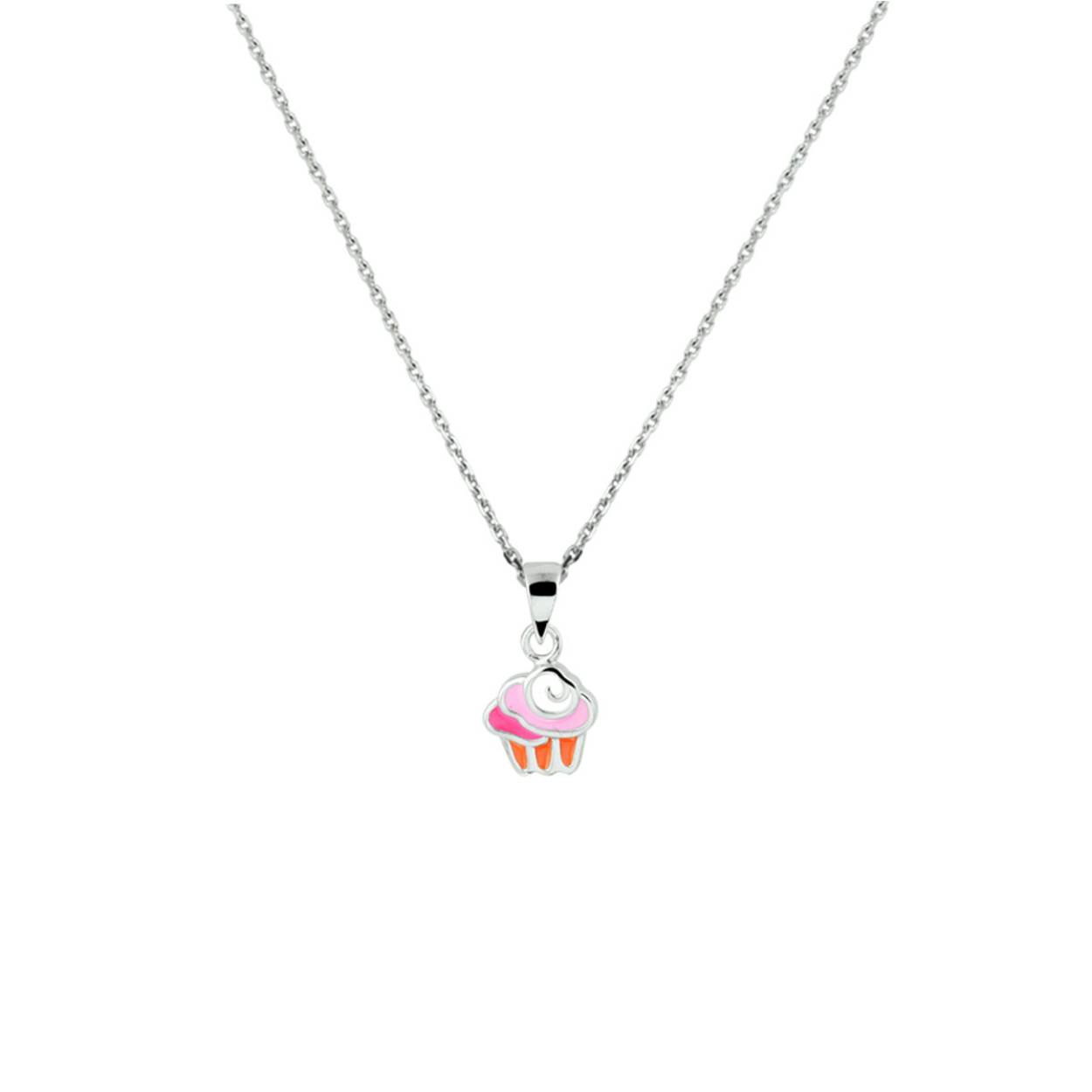 Super leuk gerhodineerd zilveren collier met cupcake hanger in verschillende kleuren emaille. De hanger heeft een afmeting van 15x8mm. En het collier heeft een draaglengte van 36cm met een extensie van 4cm. De schakelbreedte is 1.1mm. Tip: Leuk om kado te geven! Zie je ze al stralen?