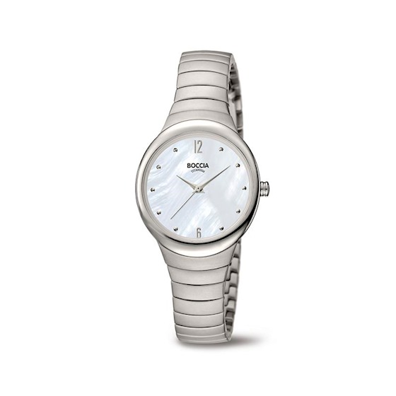 Boccia Titanium dames horloge met parelmoer wijzerplaat en titanium schakelband.

Boccia Titanium: de specialist in het edelmetaal titanium � horloges en sieraden van puur (99,7%) titanium. Titanium heeft een hoog draagcomfort: het is licht in gewicht, huidvriendelijk en neemt de temperatuur van de huid snel aan. 