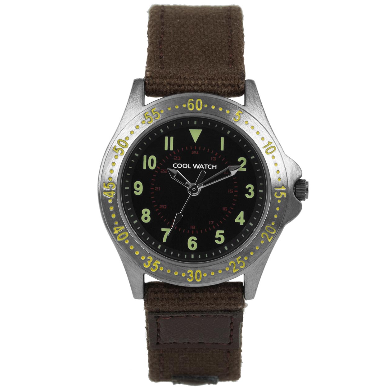 Coolwatch 257 jongens horloge 

Algemeen
Geslacht: jongens
Model: CW.257

Voordelen
- band canvas bruin
- wijzerplaat zwart met groene cijfers (arabisch)
- spat waterdicht: handenwassen, regen
- quartz
- maat kast 31,5mm (breedte) 8mm (dikte)