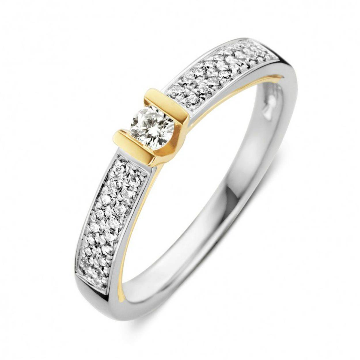 Bicolor gouden damesring met briljant. 
totaal 0.26 crtKwaliteit diamantH/SI-1 (Wesselton)