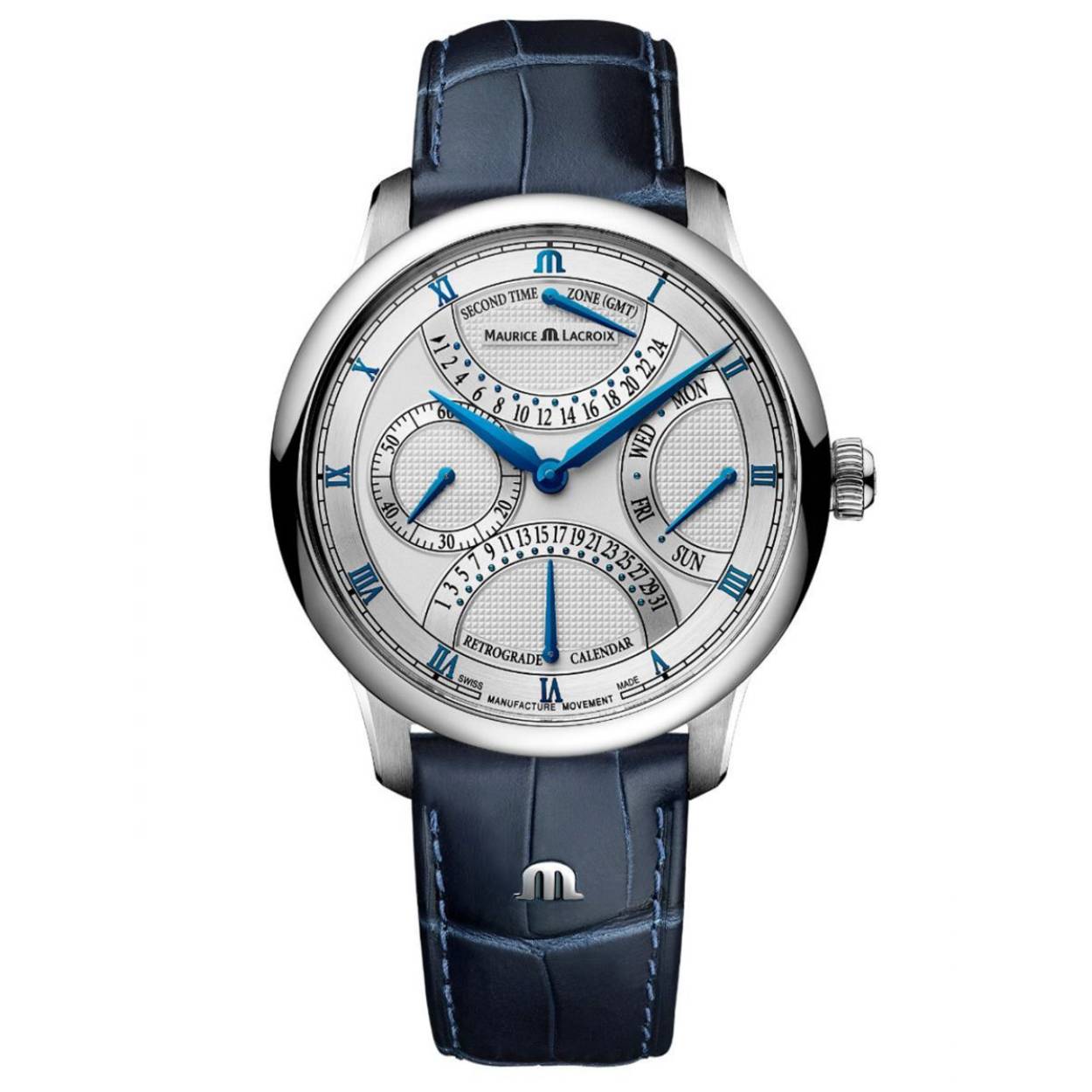 Maurice Lacroix Masterpiece.
De diameter van de kast is43 mm.
De verdere specificaties van het horloge zijn als volgt:
Glassoort: saffier
Kastmateriaal: edelstaal
Techniek: automatisch
Kastkleur: zilver
Kastvorm: rond
Wijzerplaatkleur: zilver
Bandkleur: blauw
