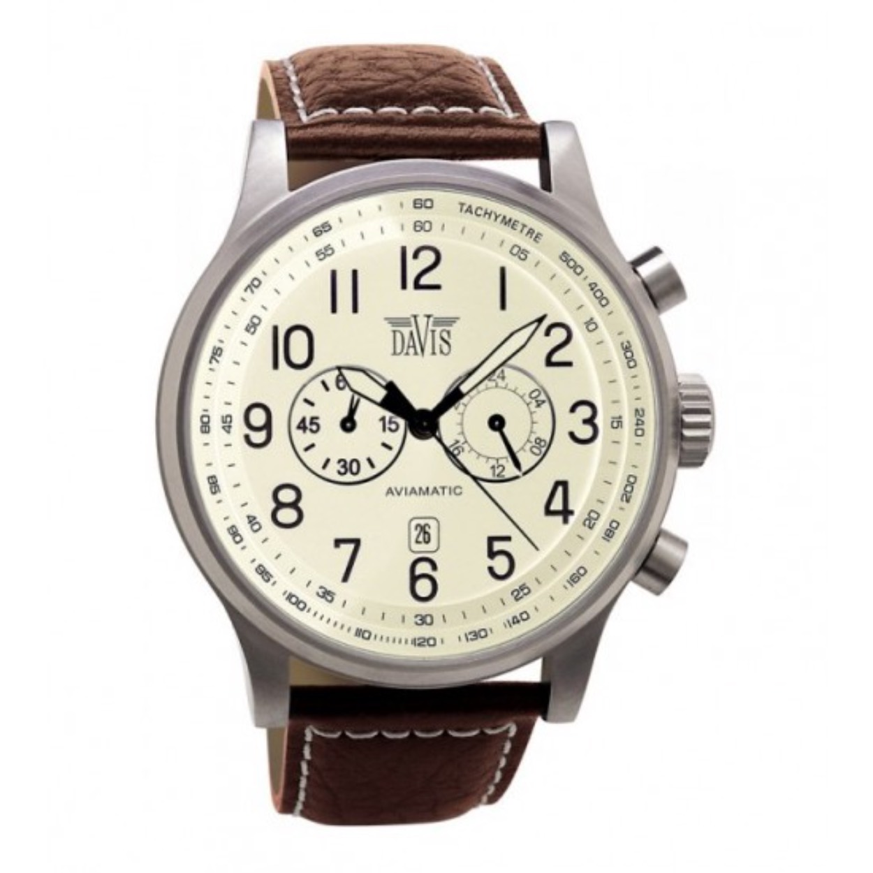 Davis 0453 is een chronograaf. 
witte wijzerplaat en een stalen kast .
5 atm waterdicht
2 jaar garantie.