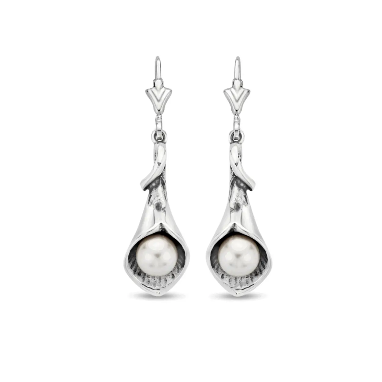 Bijzonder mooie massieve Art Nouveau oorhangers met Parel. Brisure haken. Bijpassend collier en ring