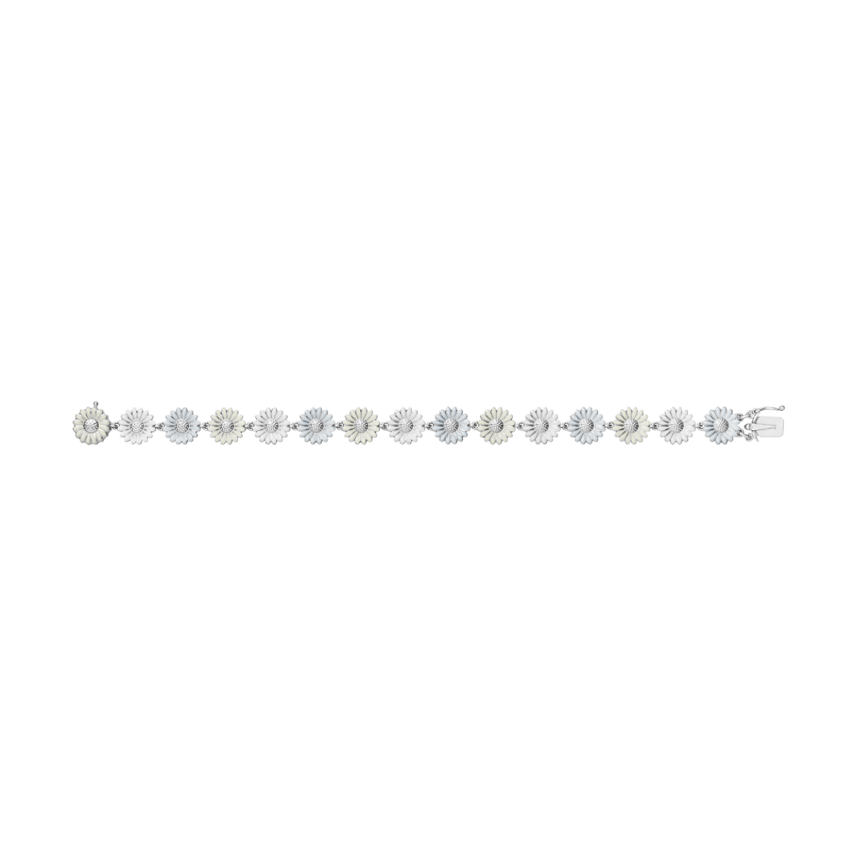 Reinterpreting Georg Jensen’s iconic Daisy design from the 1940s, this bracelet refreshes its appeal in a contemporary way. Made in collaboration with Danish fashion designer Stine Goya, the bracelet's linking daisies in rhodium-plated sterling silver are hand-painted in white enamel, giving life to a fresh and contemporary piece of jewellery design. The bracelet features an integrated lock.