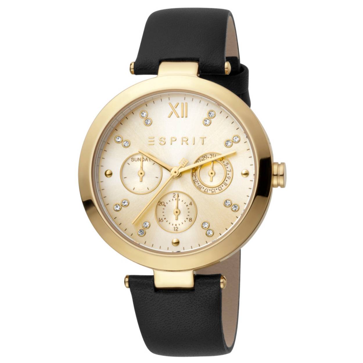 Dit dames horloge is van het merk Esprit. Het is een quartz horloge. Het is een quartz horloge met dag en datum weergave .De band is gemaakt van lederen. De diameter van de kast is 39mm.