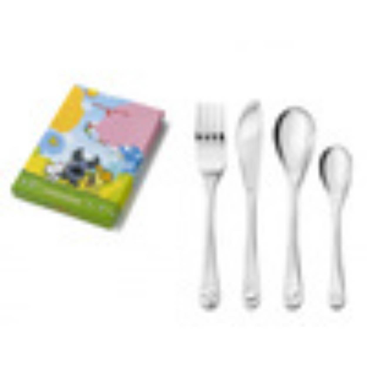 Leuk KINDERBESTEK van Zilverstad. Een leuk 4-DELIG kinderbestek van roestvrij EDELSTAAL met leuke afbeelding van Woezel en Pip op de lepel, vork, mes en paplepeltje. Een leuk kraamcadeau of cadeau voor verjaardag of andere bijzondere gelegenheid.