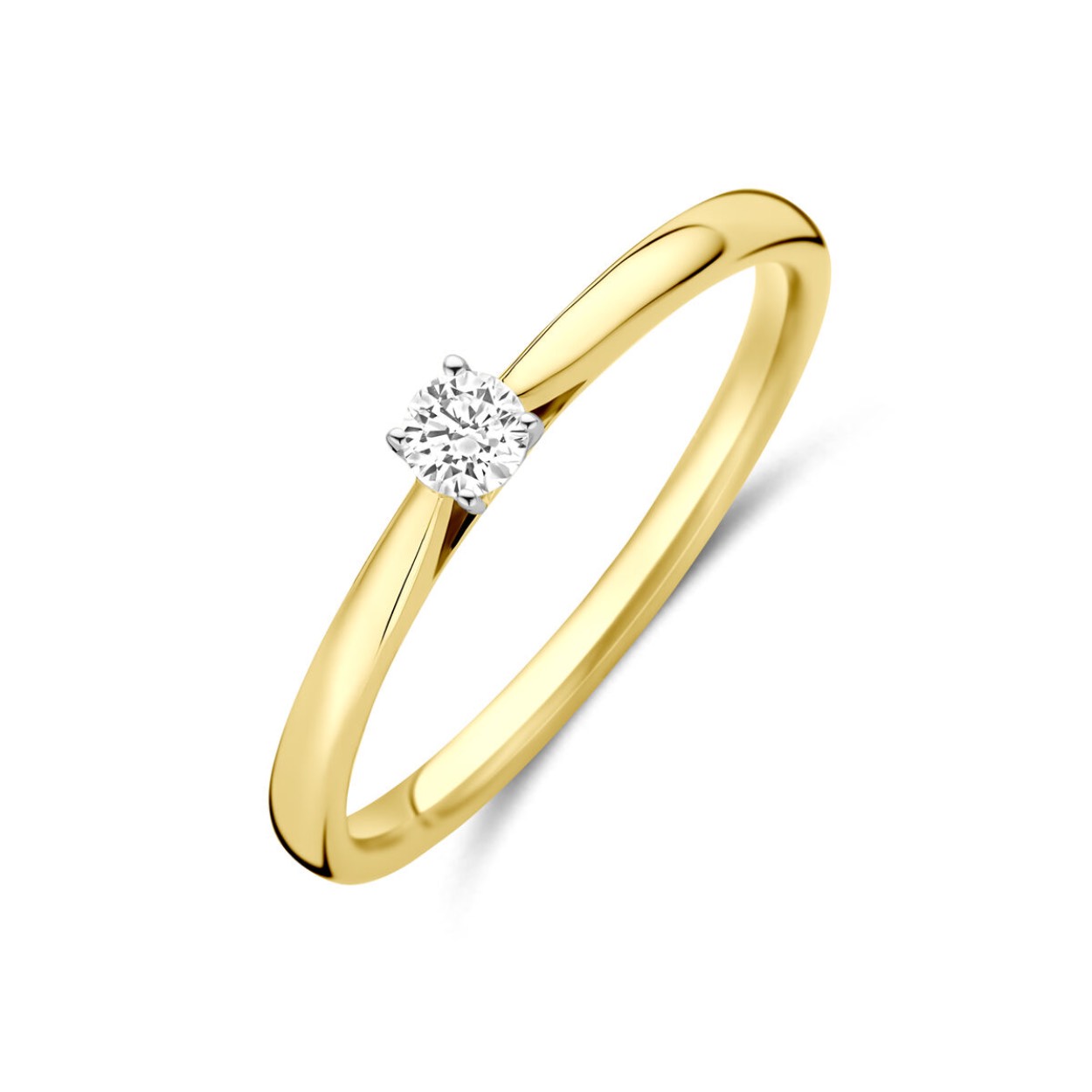 14k Bicolor geel- en witgouden ring uitgevoerd met een lab grown diamant met een totaalgewicht van 0.10ct. Lab grown diamanten zijn diamanten die ontstaan in een laboratorium. Onder extreem hoge druk en temperatuur wordt het natuurlijk ontstaansproces nagebootst met als eindresultaat een diamant met dezelfde chemische eigenschappen maar met een andere oorsprong.