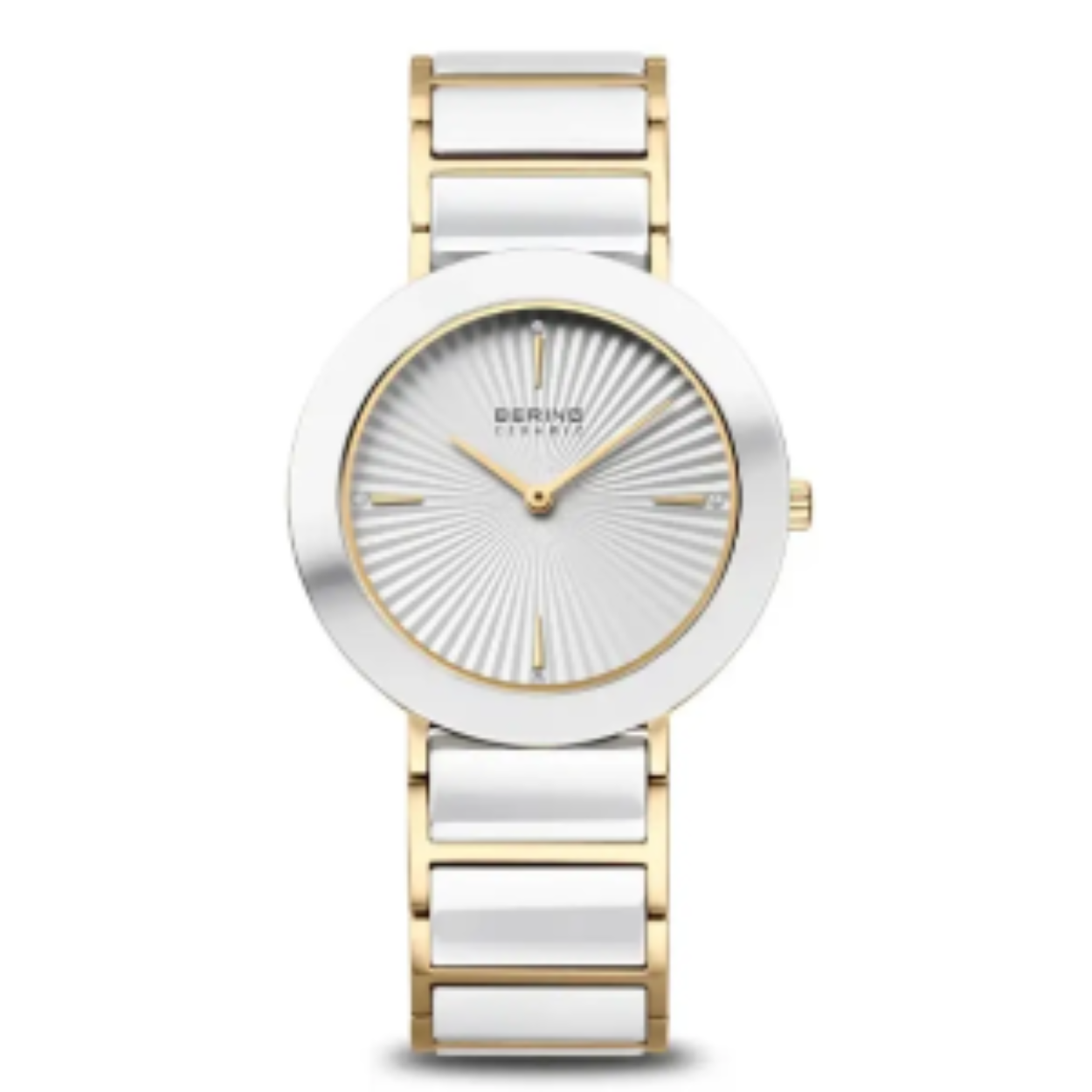 Bering dames horloge, staal geelverguld met wit ceramic, lab grown diamond op de wijzerplaat