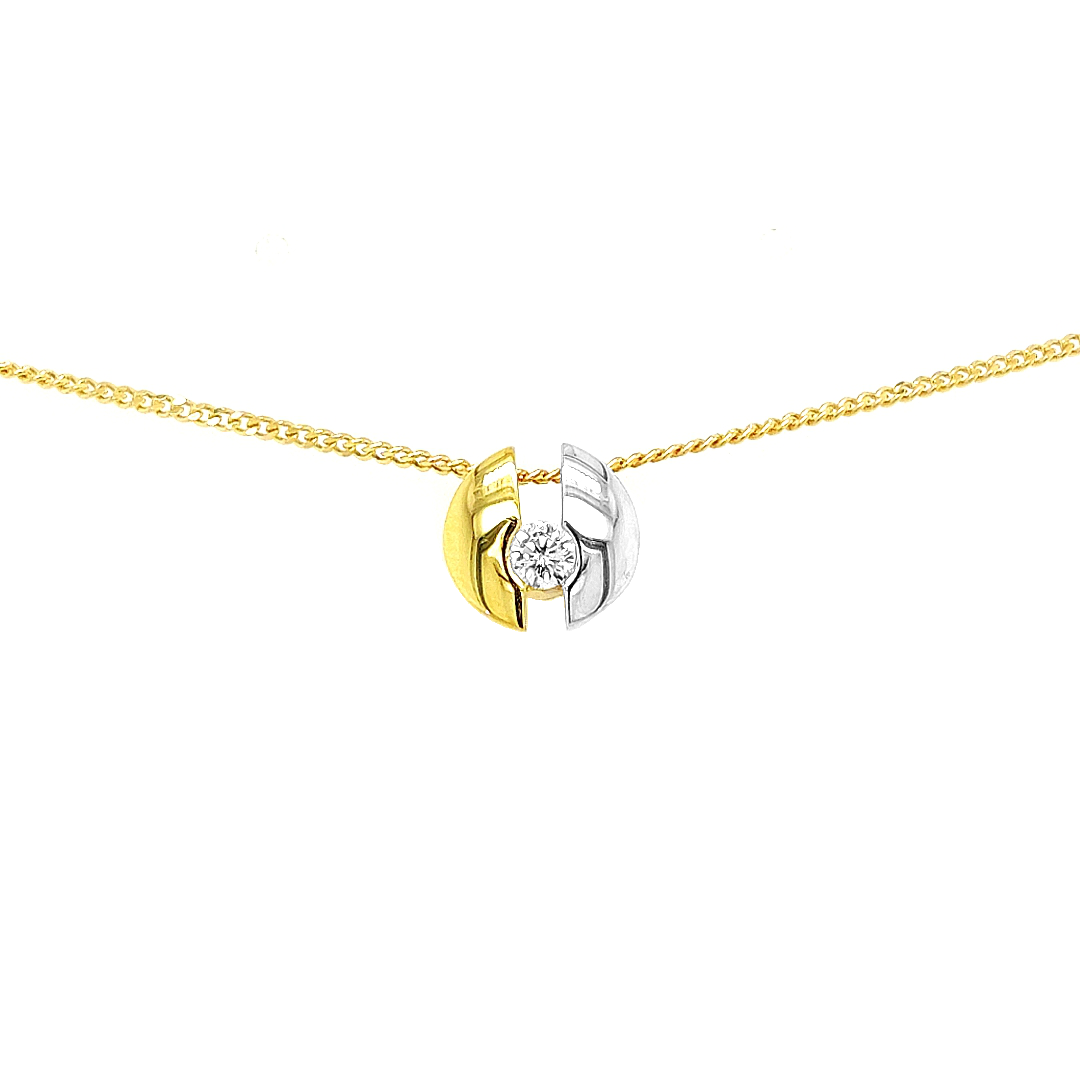Deze bicolor gouden hanger is erg mooi afgewerkt. Het kettinkje loopt door de hanger heen (en heeft dus geen los oog) waardoor deze hanger een is met jouw eigen ketting. De zirkonia steen is briljant geslepen. De hanger is volledig gepolijst.

Note: het kettinkje hoort niet bij de hanger, deze is enkel gebruikt voor de foto.