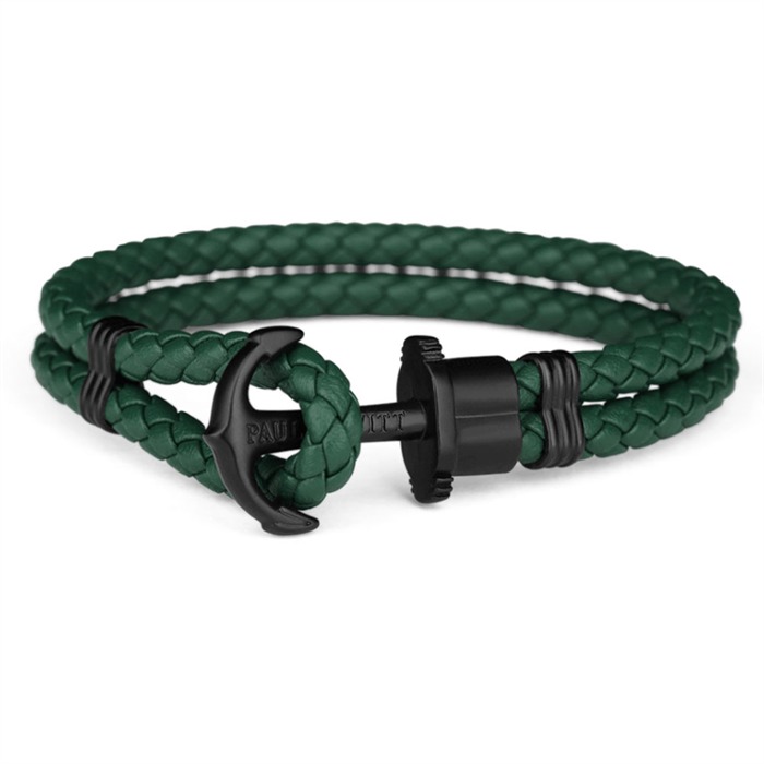Groene leren armband van Paul Hewitt met zwarte anker sluiting. 19-20 cm