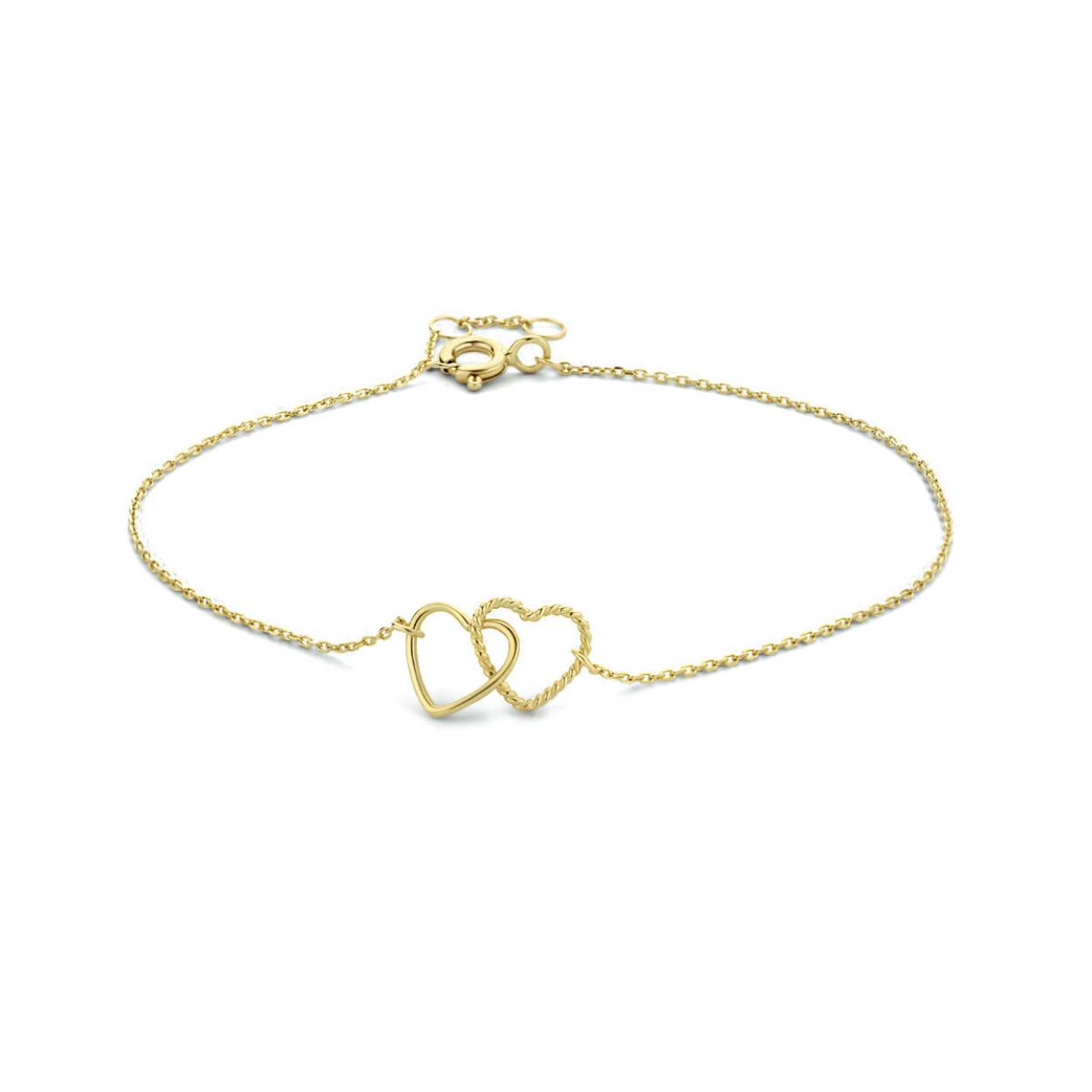 14k Geelgouden armband uitgevoerd met twee hartjes. De armband heeft draaglengtes van 16.5, 17.5 en 18.5cm. De hartjes hebben een afmeting van 7x8mm. De schakelbreedte is 0.8mm.
