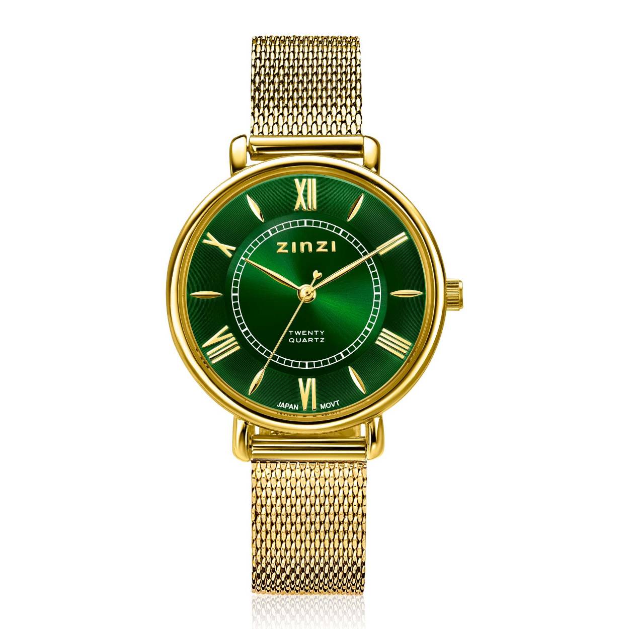 De Twenty watch is het twintigste model dameshorloge van Zinzi. Voorzien van een groene 'sunray' wijzerplaat, een mooie ronde geelgoudkleurige kast van 34mm en geelgoudkleurige mesh band. Natuurlijk met de bekende Zinzi touch ontworpen: het extra dunne Japanse uurwerk en de seconde wijzer met een subtiel hartje zorgen voor een fashionable look. Ook 5atm waterbestendig (tegen regen en spatwater) en met sterk mineraal glas.