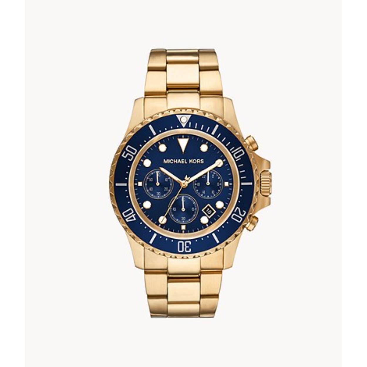 Stoere goudkleurige Michael Kors horloge, uit de Everest collectie. De wijzerplaat is marine blauw metwitte indexen en wijzers. Het horloge heefteen stopwatch functie en is 10atm waterdicht.