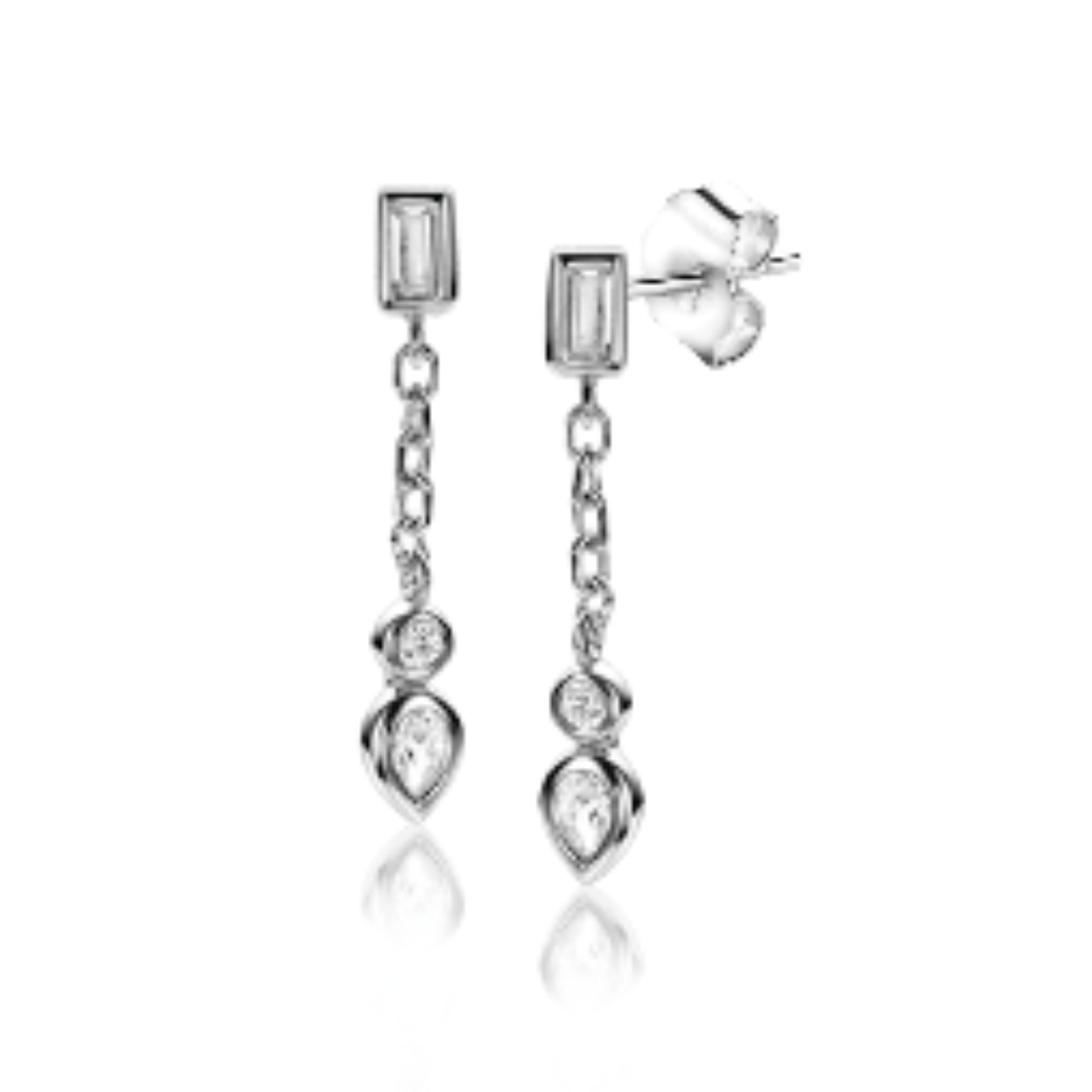 ZINZI zilveren oorstekers 20mm met ovale, ronde en rechthoekige zettingen bezet met witte zirconia's en bungelend aan schakelkettinkje. Vervaardigd van eerste gehalte zilver (925) en voorzien van een extra rodiumlaag voor langdurige glans