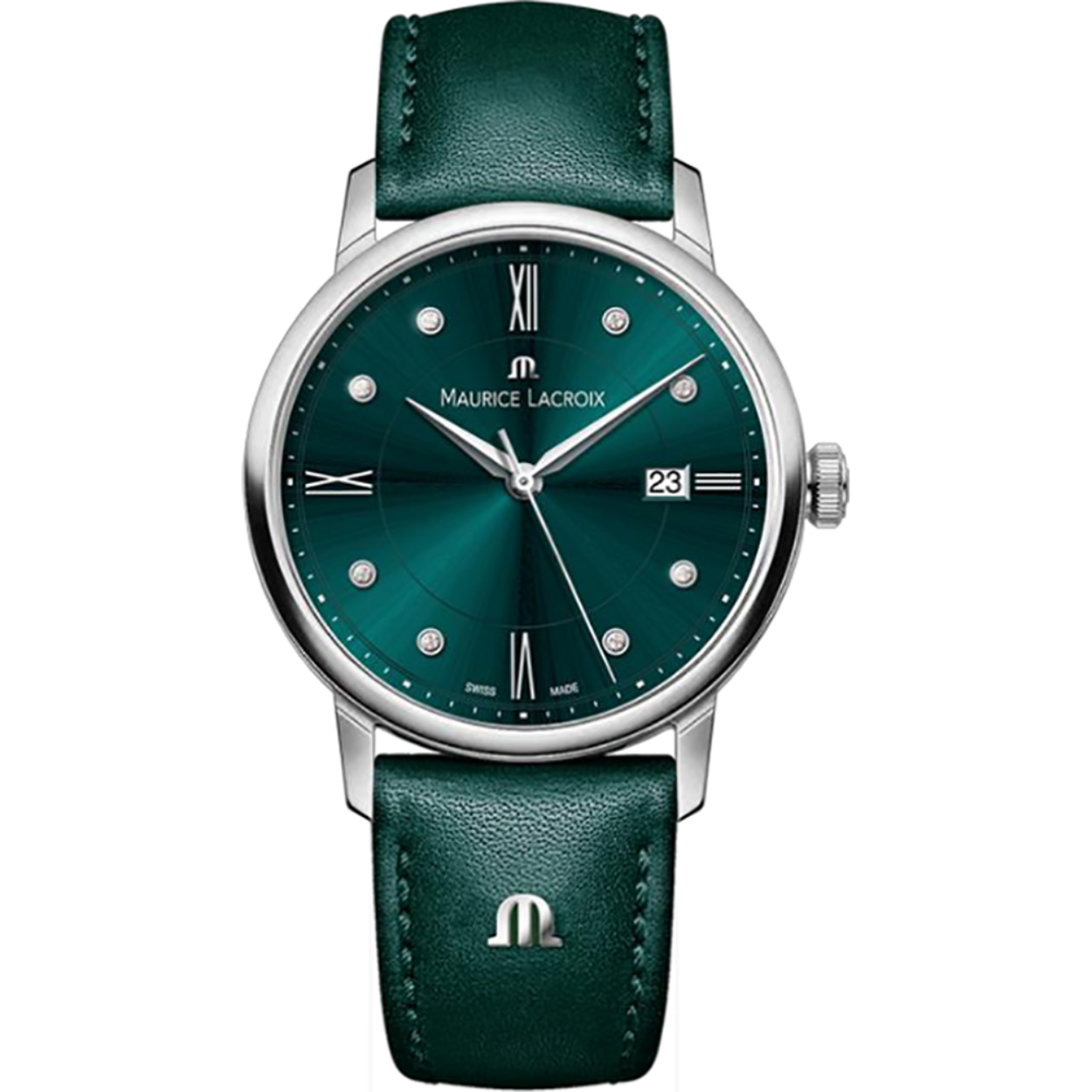 Dit horloge is van het merk Maurice Lacroix. Het is een analoog horloge met een band gemaakt van leer.De diameter van de kast is30 mm.
De verdere specificaties van het horloge zijn als volgt:
Glassoort: saffier
Kastmateriaal: edelstaal
Techniek: quartz
Kastkleur: zilver
Kastvorm: rond
Wijzerplaatkleur: groen
Bandkleur: groen
