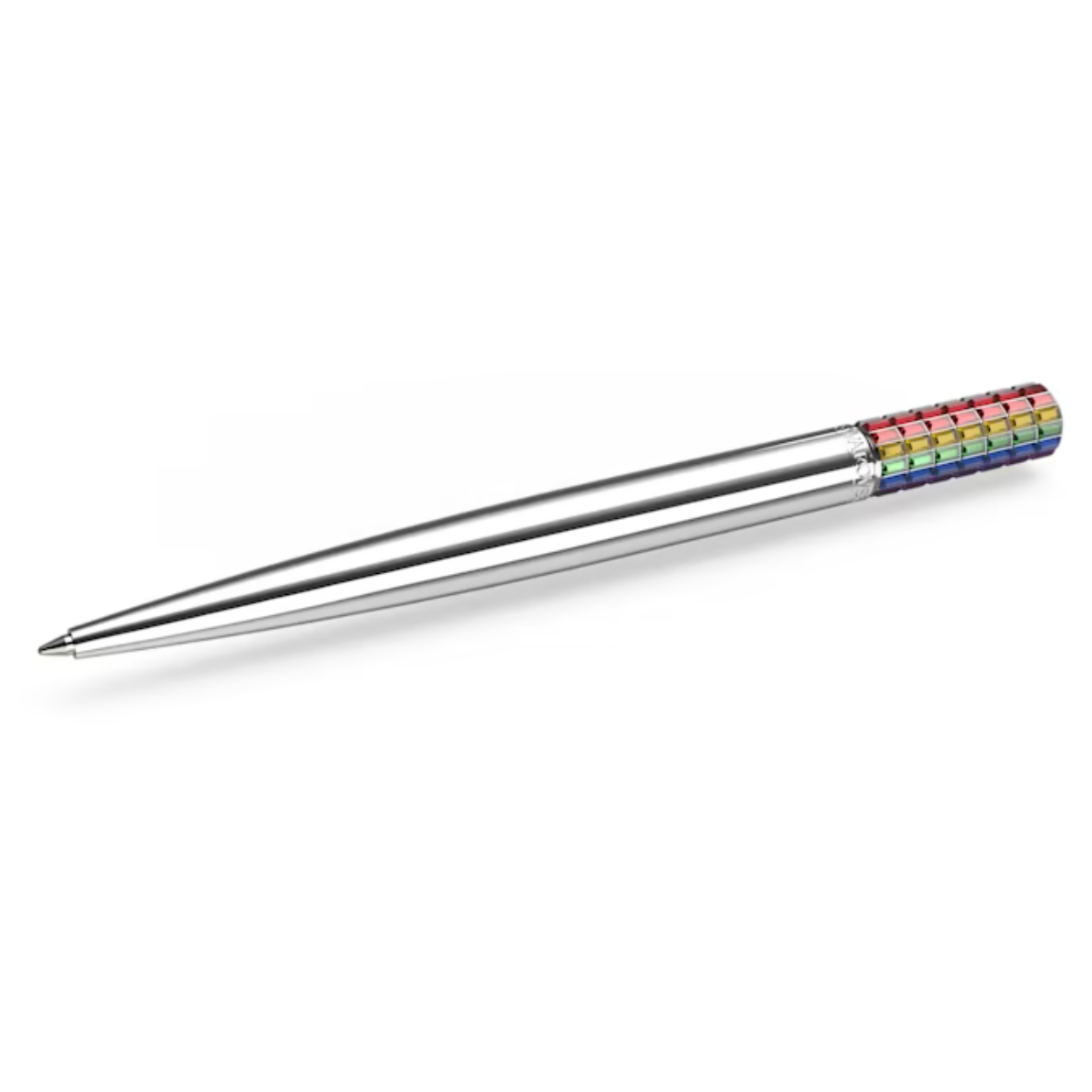 Geniet van alle kleuren van de regenboog met deze opvallende balpen uit de Lucent-lijn. Het verchroomde ontwerp bevat 91 speelse kristallen met een platte achterkant voor de ultieme schittering en een geïntegreerd draaimechanisme voor eenvoudig gebruik. Deze luxe pen is voorzien van het Swarovski-woordmerk en is ideaal voor op uw eigen bureau of als speciaal cadeau voor iemand anders