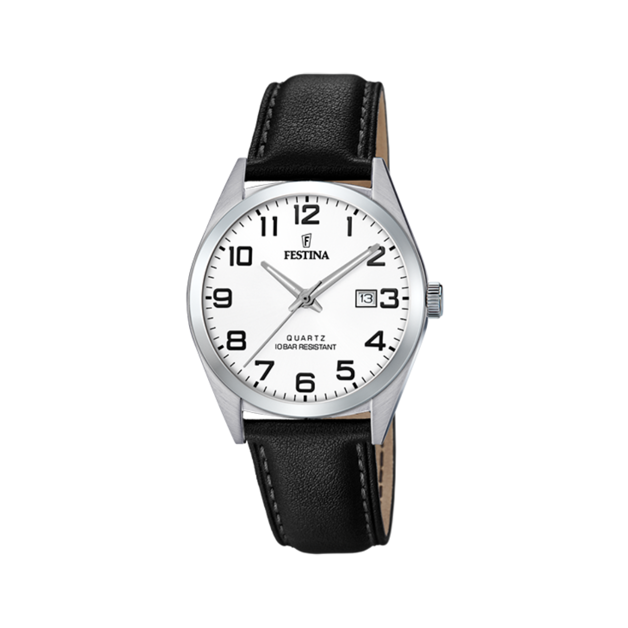 Festina herenuurwerk uit de 'Classics' collectie - Zwarte lederen band, zilverkleurige stalen kast, witte wijzerplaat met datumaanduiding - Waterdichtheid: 10 ATM