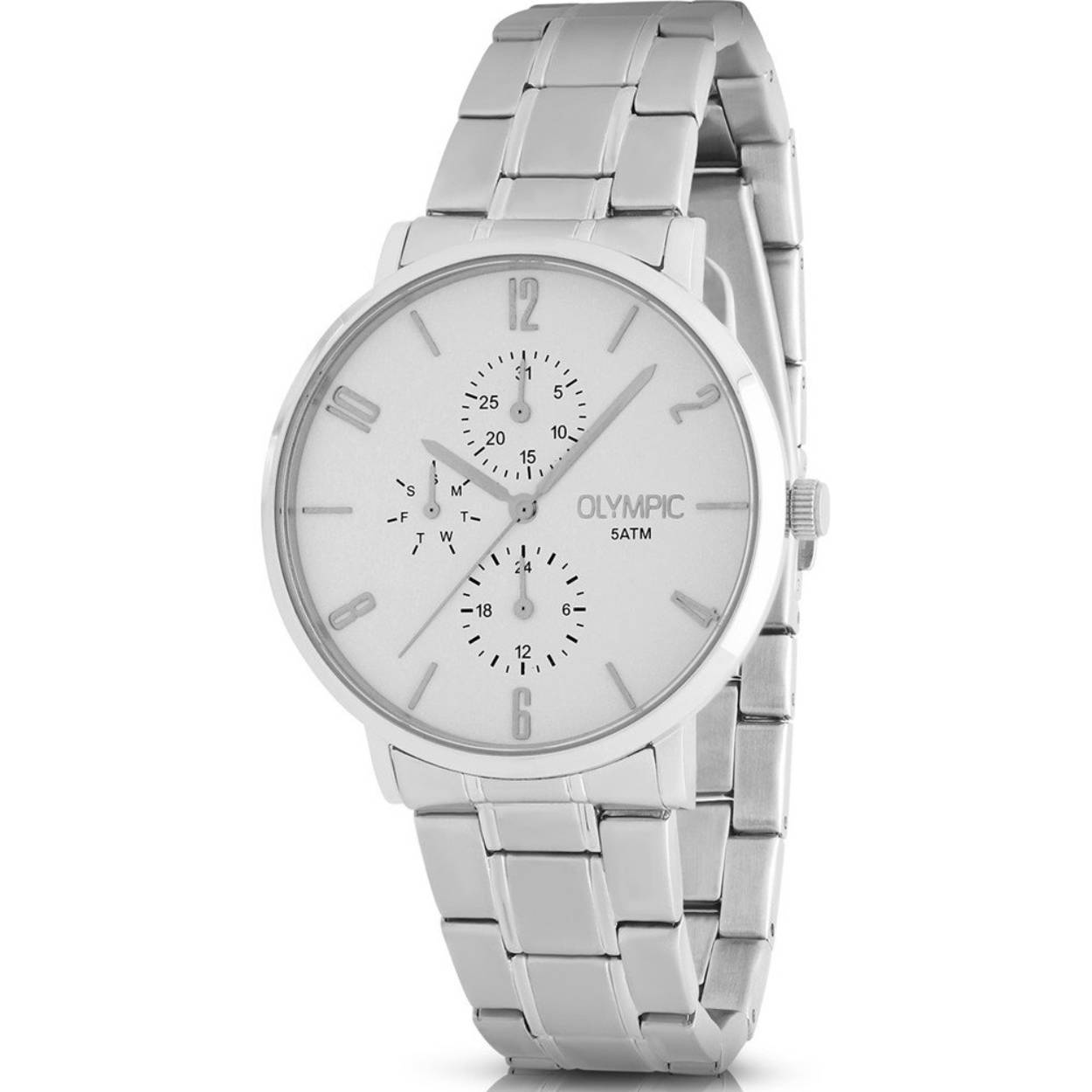 Olympic OL89HSS077 Tobias Horloge Heren Staal 40mm 
Dit unieke Olympic horloge met artikelnummer: OL89HSS077 is een heren horloge met een nette uitstraling. De stalen kast heeft een gladde bezel en een zilverkleurige wijzerplaat met een dag,- datum,- en 24-uursaanduiding. De uursaanduiding is verfijnd met zilverkleurige strepen en enkele cijfers. Dit geeft het horloge een chique uiterlijk. Aan de stalen kast zit een stalen schakelband met een vouwsluiting. Het horloge heeft een mineraalglas, een doorsnee van 40mm en is 5ATM.

Waterdichtheid 5ATM
Dit horloge is bestand tegen water bij het zwemmen en douchen. Dit horloge is niet bestand tegen (grote) waterdruk dus je kunt er niet mee duiken.

Het merk:
Een mooi horloge hoeft niet duur te zijn! Het Nederlandse horlogemerk Olympic levert stoere chronografen, slimline series, digitale uurwerken en elegante dameshorloges. De prijs-kwaliteitverhouding staat bij Olympic hoog in het vaandel met prijzen die uiteenlopen van € 34,95 tot en met € 159,00.

100% Nederlands ontwerp, waterdicht en standaard 3 jaar fabrieksgarantie.

Specificaties:
- Ronde kast Ø 40mm
- Stalen horlogekast
- Zilverkleurige wijzerplaat
- Stalen schakelband
- 5ATM 
- Standaard 3 jaar fabrieksgarantie
- Mineraalglas