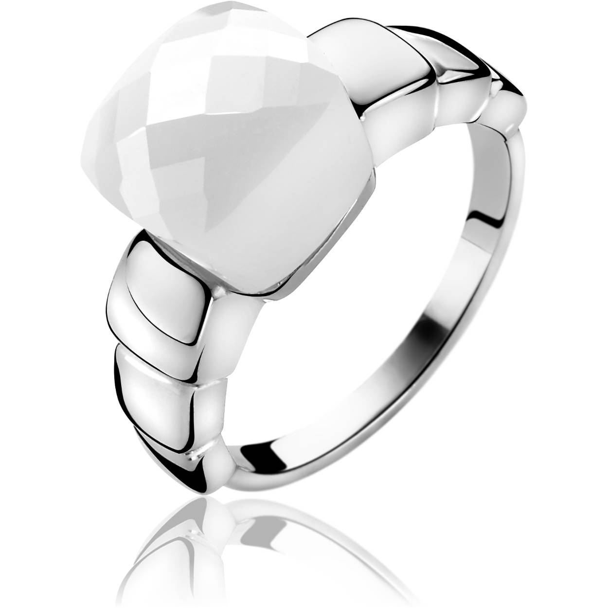 Zilveren Zinzi ring Melkwitte steen