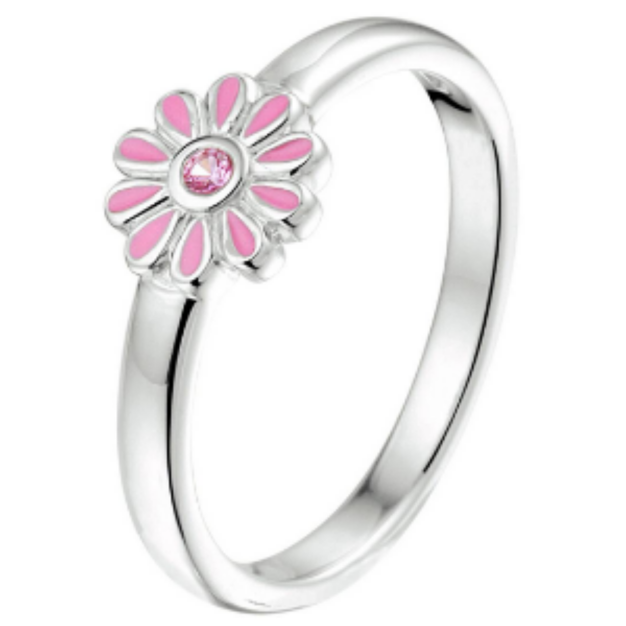 Gerhodineerd 925 zilveren ring uitgevoerd met een bloem met daarin een schitterende roze zirkonia. De ring heeft een breedte van 6.5mm.