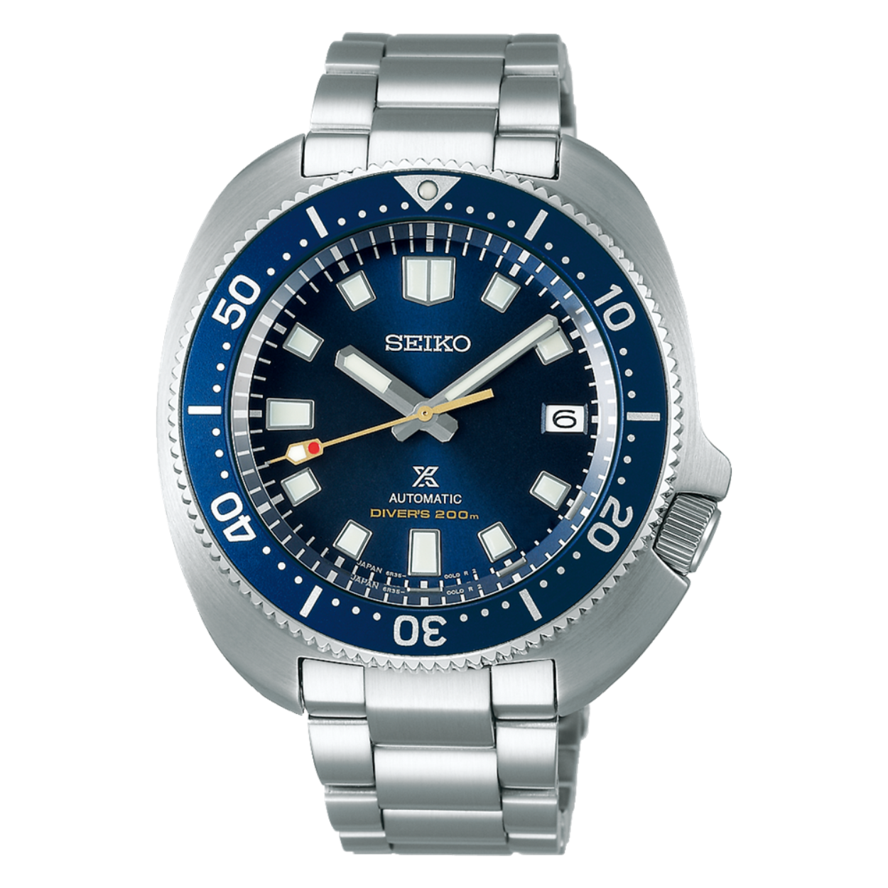 Dit 55th Anniversary Limited Edition horloge van Seiko Prospex heeft een blauwe wijzerplaat en lunette omringt door een zilverkleurige kast en band. De wijzerplaat is afgedekt met curved saffierglas. 
Het horloge is natuurlijk geschikt om te duiken met een waterdichtheid tot 20ATM.