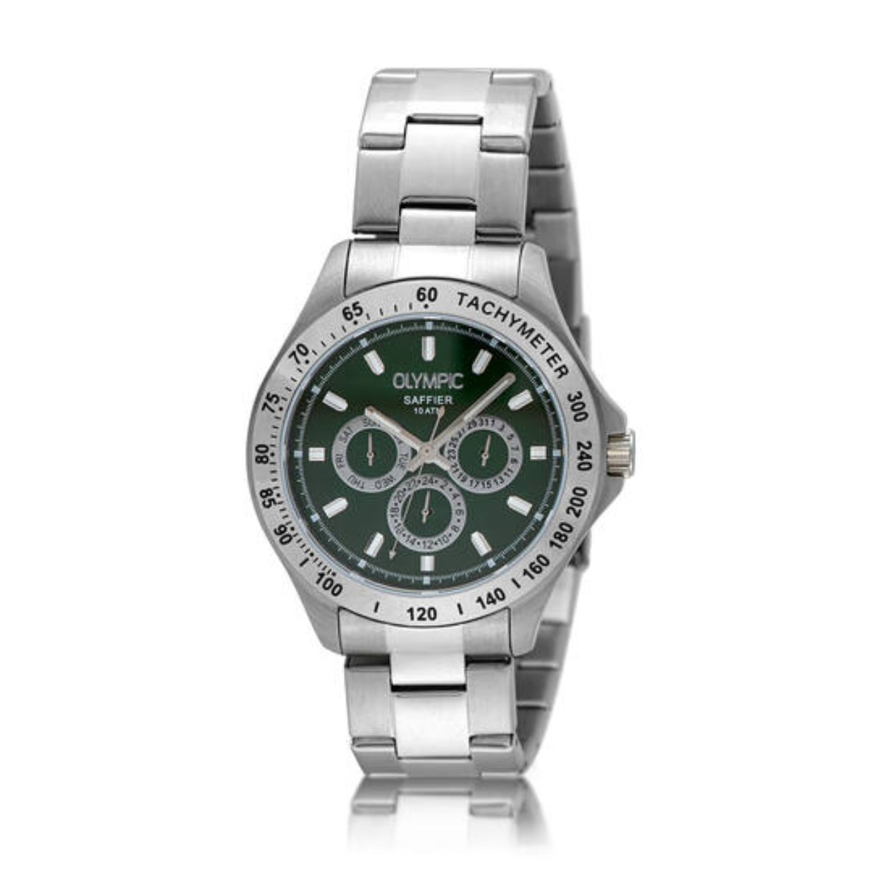 Olympic OL89HSS051 JEFFREY Horloge - Staal - Bracelet - Groen - 42mm 
Dit unieke Olympic horloge met artikelnummer: OL89HSS051 is een sportief luxe herenhorloge. De stalen kast heeft een zilverkleurige bezel met een tachymeter en een groene wijzerplaat. Op de wijzerplaat zit de dag,- datum,- en 24-uursaanduiding met opvallende zilverkleurige accenten. Dit geeft het horloge een stoer uiterlijk. Aan de zilverkleurige kast zit een zilverkleurige schakelband met een vouwsluiting. Het horloge heeft een mineraalglas, een doorsnede van 42mm en is 10ATM.

Waterdichtheid 10ATM
Dit horloge is bestand tegen water bij het zwemmen en douchen. Dit horloge is niet bestand tegen (grote) waterdruk dus je kunt er niet mee duiken.
Waterdichtheid  5ATM
Dit horloge is regen en spatwaterdicht. Niet geschikt om mee te zwemmen en douchen.
Waterdichtheid 3ATM
Dit horloge is spatwaterdicht. Niet geschikt om mee te zwemmen en douchen.

Het merk:
Een mooi horloge hoeft niet duur te zijn! Het Nederlandse horlogemerk Olympic levert stoere chronografen, slimline series, digitale uurwerken en elegante dameshorloges. De prijs-kwaliteitverhouding staat bij Olympic hoog in het vaandel met prijzen die uiteenlopen van € 34,95 tot en met € 159,00.

100% Nederlands ontwerp, waterdicht en standaard 3 jaar fabrieksgarantie.

Specificaties:
- Ronde kast 42mm
- Stalen horlogekast
- Groene wijzerplaat
- Stalen schakelband
- 10ATM 
- Standaard 3 jaar fabrieksgarantie
- Mineraalglas