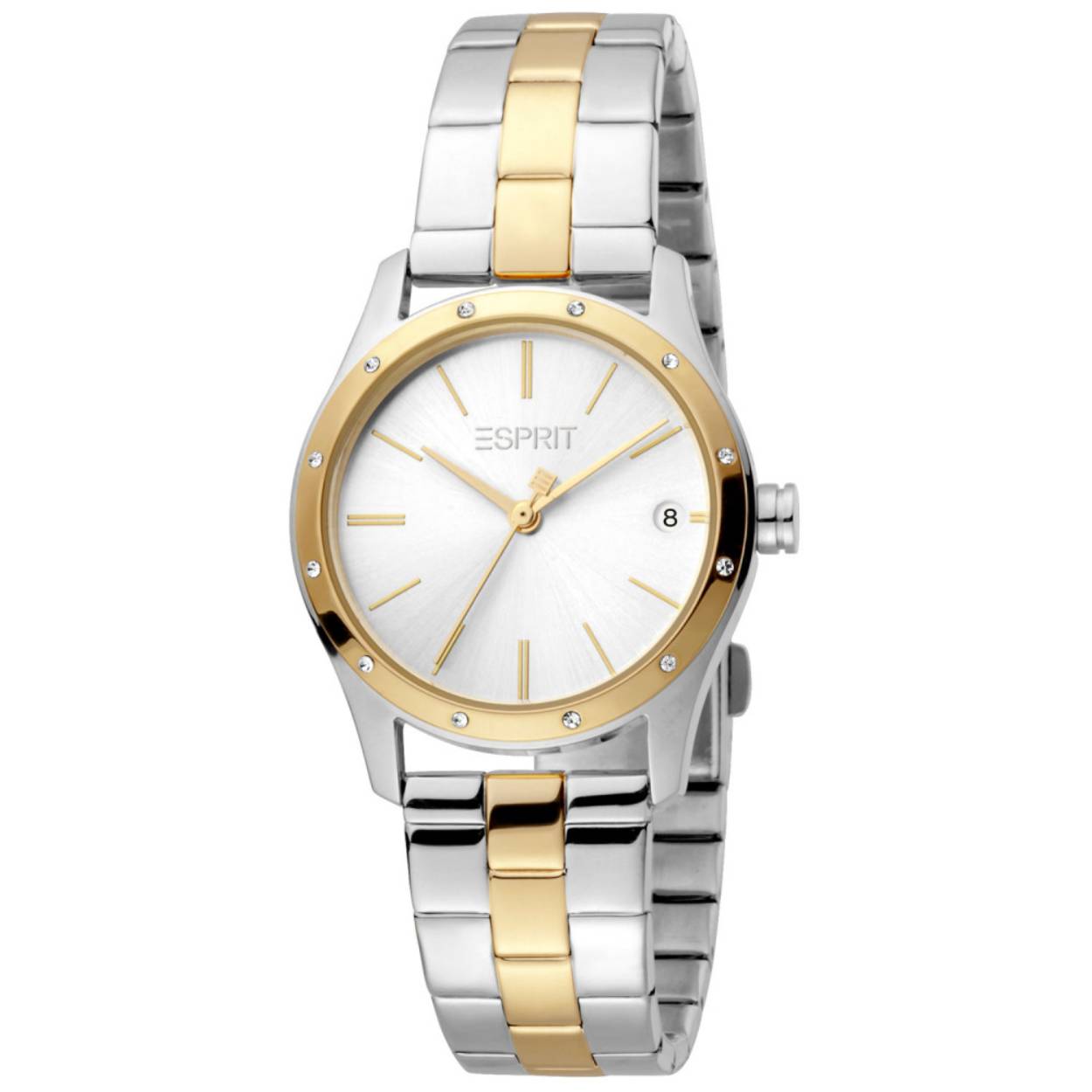Dit dames horloge is van het merk Esprit. Het is een quartz horloge met dag aanduidingen en de band is gemaakt van RVS. De diameter van de kast is 30mm.