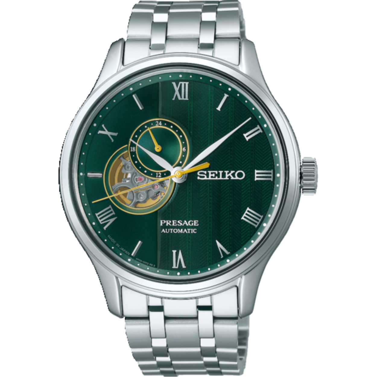 Seiko Presage automaat met groene wijzerplaat en open echappement. 
Het 4R39 Seiko kaliber met 24h aanduiding is een mechanisch kaliber. Het horloge laadt zich tijdens het dragen automatisch op door het omzetten van de arm- en polsbewegingen van de drager in energie. Beweging van het horloge zorgt ervoor dat de hoofdveer van het horloge wordt opgewonden. Deze veer is de energiebron. Handopwinding is ook mogelijk. Wanneer het horloge volledig is opgeladen heeft het een energiereserve van ca. 41 uur. Het tikgetal van deze automaat is 21.600 per uur en het horloge heeft 24 jewels. Het 4R kaliber wordt volledig in-house vervaardigd.

Een mechanisch horloge functioneert zonder batterij en kent een grotere afwijking dan Quartz, Kinetic of Spring Drive horloges. Bijvoorbeeld: -15/+25sec per dag.