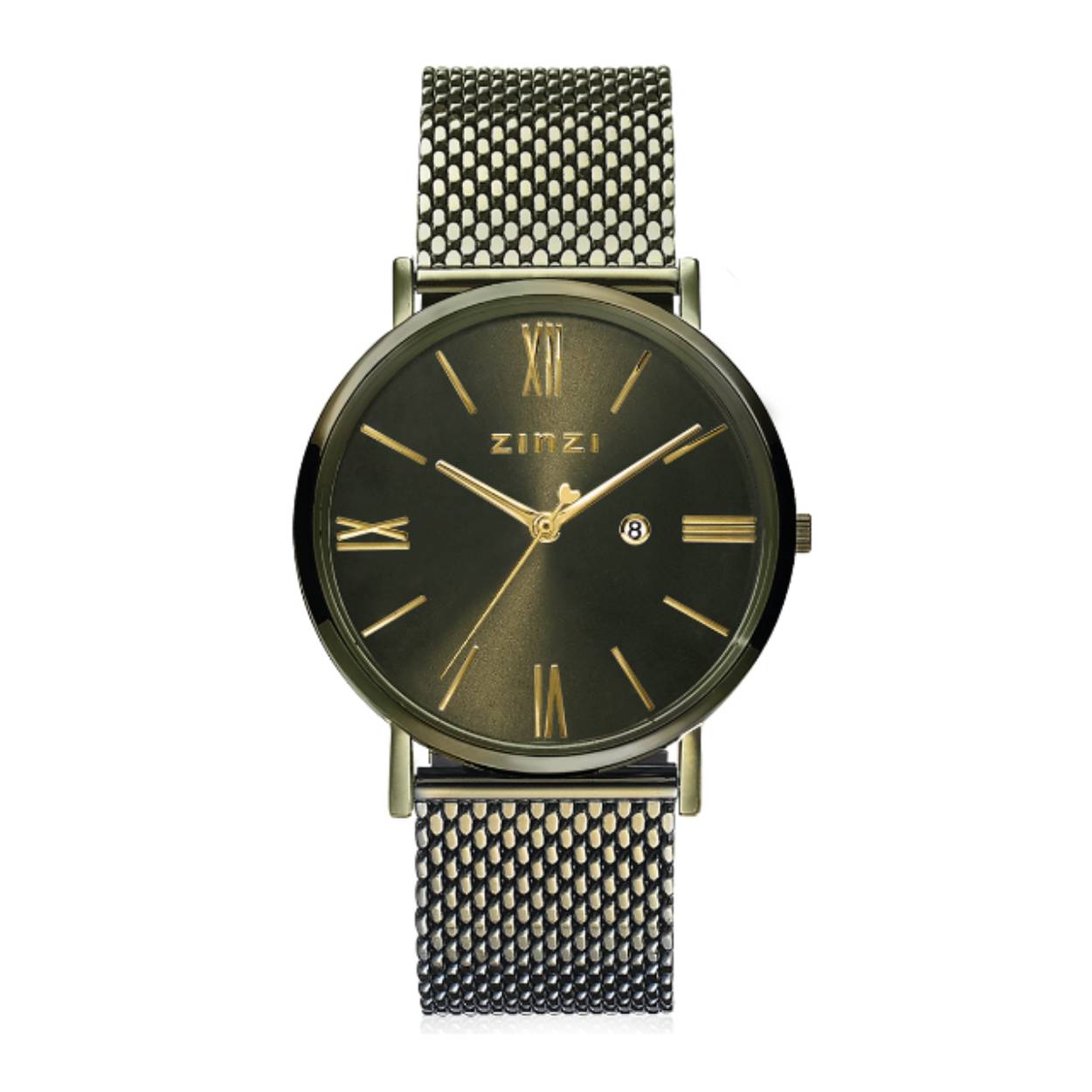 ZINZI Roman horloge olijfgroene wijzerplaat en kast met goudkleurige wijzers olijfgroene stalen mesh band 34mm ZIW544M
