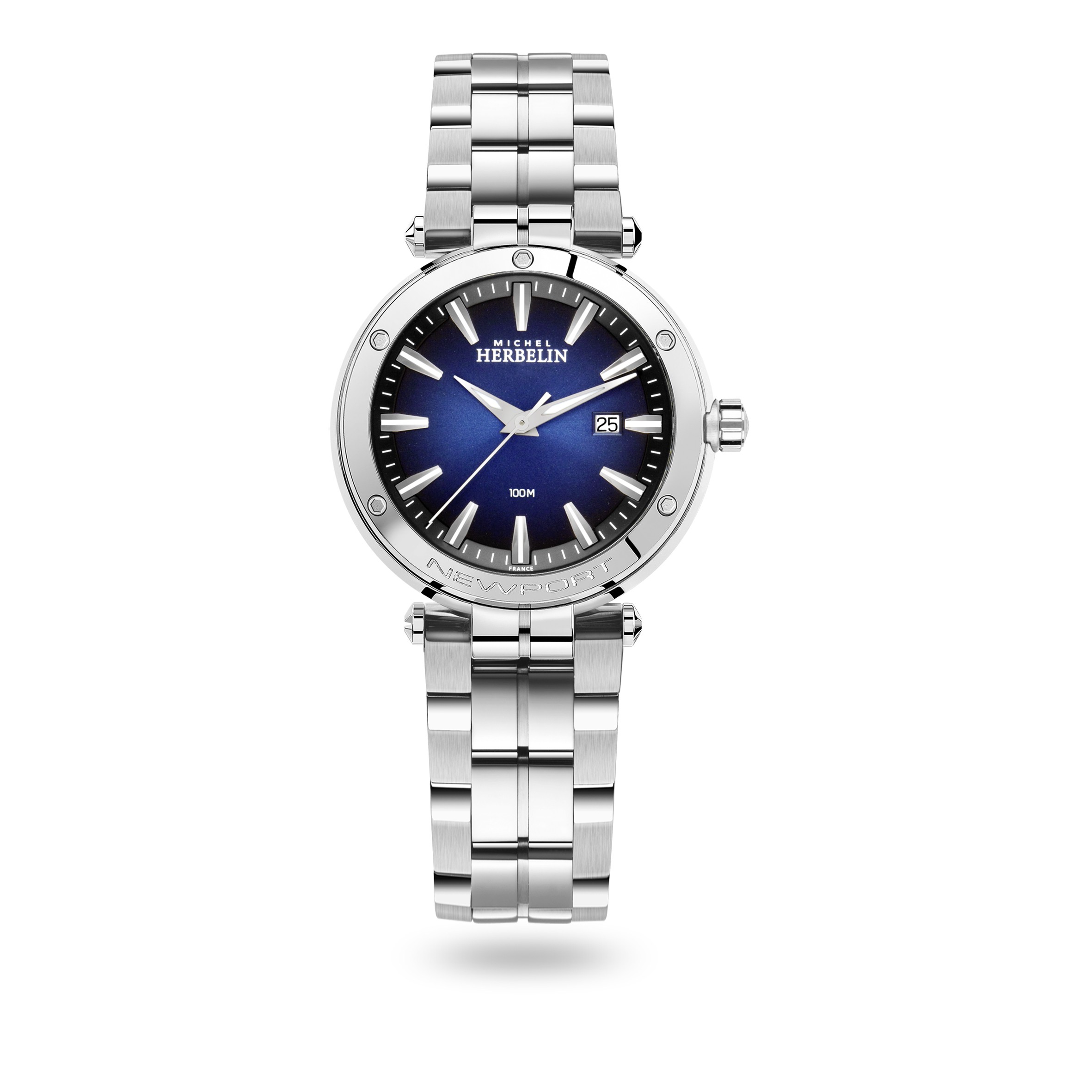 Damesuurwerk van Michel Herbelin met referentie 14288/B15 - Collectie 'Newport' - Stalen band en kast, zilverkleurig - Blauwe wijzerplaat met datumaanduiding - Saffierglas - Waterdichtheid: 10 ATM