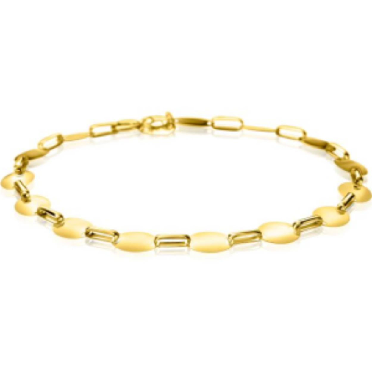 ZINZI Gold 14 karaat gouden massieve schakel-armband met gladde ovale plaatjes van 6mm breed. De lengte van de armband is 19cm. Vervaardigd van geheel 14 karaat goud (585). En herkenbaar 'Zinzi' door het kleine gouden Zinzi hartje bij de sluiting.