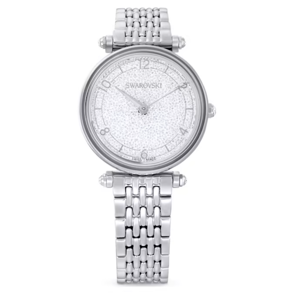 In dit Swarovski-horloge uit onze Crystalline Wonder-lijn komen vorm en functie op kunstzinnige wijze samen. De circa 1000 kristallen in de kast van edelstaal zorgen voor een schitterend effect. De edelstalen armband en een witte zilverkleurige wijzerplaat gedecoreerd met Arabische cijfers en de Swarovski-zwaan op 12 uur maken het stijlvolle ontwerp helemaal af. Dit Swiss Made-horloge is waterbestendig tot 50 m.

