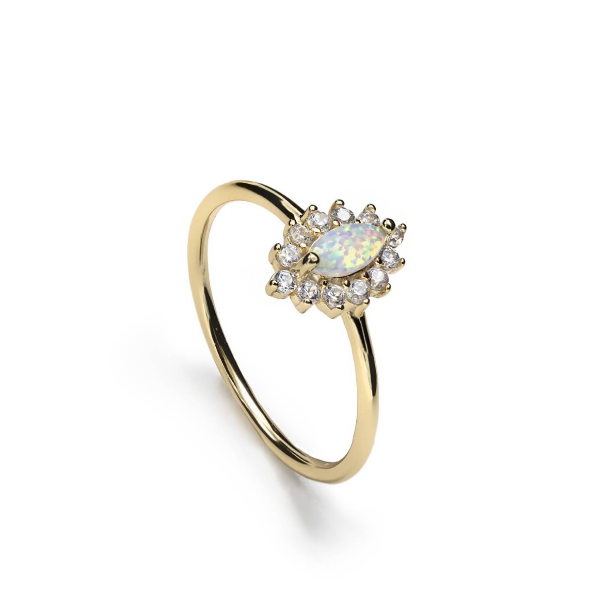 Thin silver ring with gold plating for women. A perfect design to give a touch of brightness to your looks. Thin gold plated silver rings with floral design with opal and dirconitas. Ideal to wear with other fine rings from our collection.