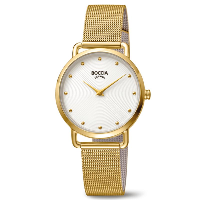 Dit Boccia horloge heeft een titanium kast met een diameter van 32mm en is voorzien van een metalen band