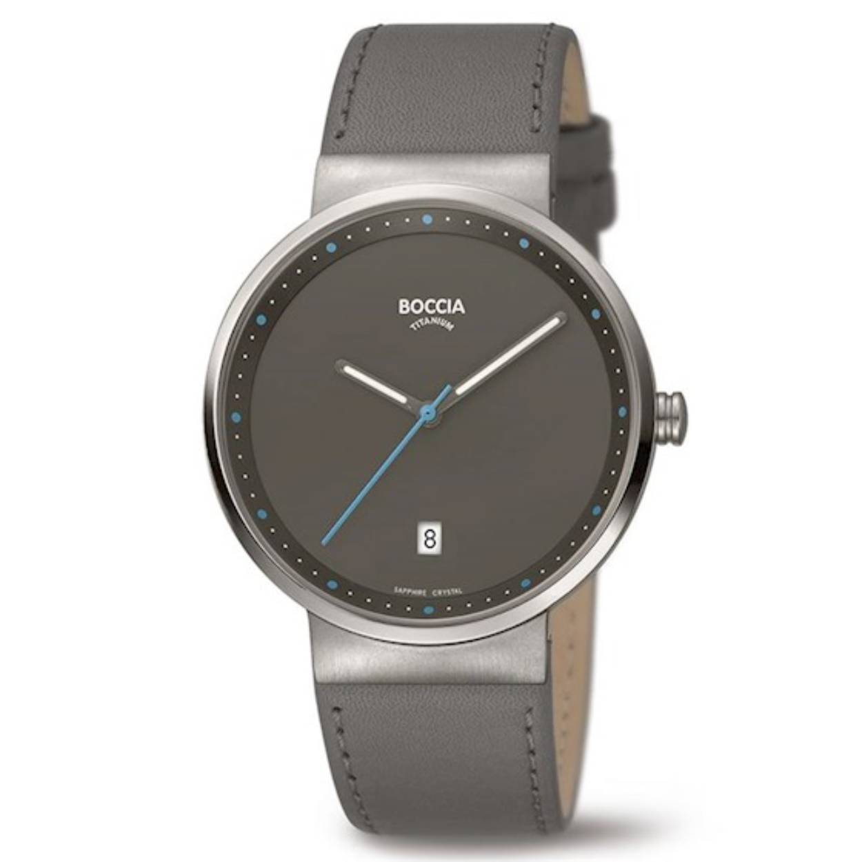 Dit Boccia Titanium dameshorloge heeft een titanium kast. Het horloge heeft een kastdiameter van 38 mm en krasvast saffierglas. De band van het horloge is van leer. Of je nu sportief of chique gekleed gaat, dit horloge past bij elke outfit en iedere gelegenheid. 

HET MERK
Boccia Titanium: de specialist in het edelmetaal titanium � horloges en sieraden van puur (99,7%) titanium. Titanium heeft een hoog draagcomfort: het is licht in gewicht, huidvriendelijk en neemt de temperatuur van de huid snel aan. 

SPECIFICATIES
- Datumaanduiding
- Krasvast saffierglas
- Ronde titanium horlogekast, � 38 mm
- Grijs lederen horlogeband
- Grijze wijzerplaat
- 5 ATM