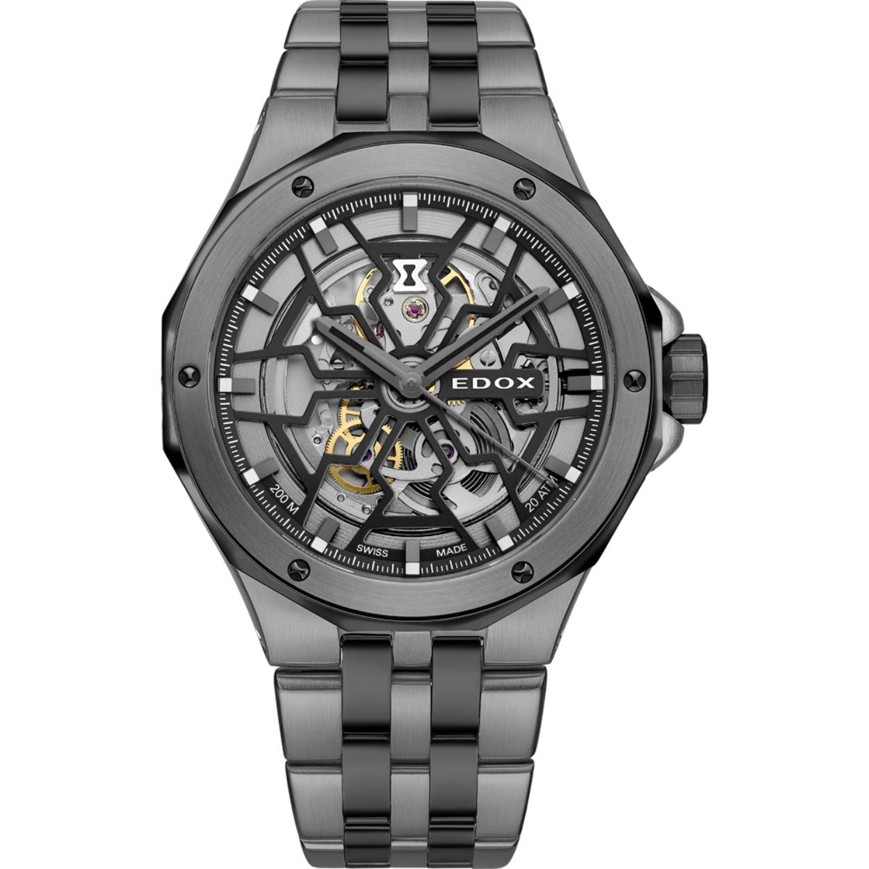Edox Delfin Mecano 85303 357GNM NGN is een prachtig mechanisch (automatisch) horloge. Het omarmt een ongelooflijk ontwerp met horologische stamboom. Dit is direct zichtbaar met de prachtige skeleton wijzerplaat, waardoor je de Edox Cal. 85 ziet. De wijzerplaat creëert een ongelooflijke combinatie met de duurzame PVD-gecoate kast en geïntegreerde band. Het horloge wordt natuurlijk geleverd met saffierkristal, 200m waterbestendigheid en een hoog afwerkingsniveau. Het horloge heeft al het Delfin DNA maar combineert het met een nieuwe eigentijdse look. Nog steeds geschikt voor bijna elke uitdaging, maar steeds meer een blikvanger!